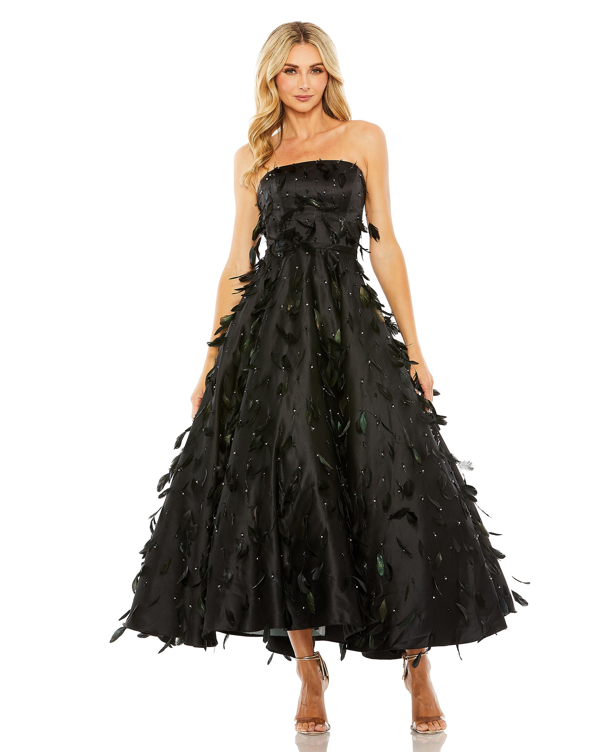 Strapless Feather Embellished Ball Gown