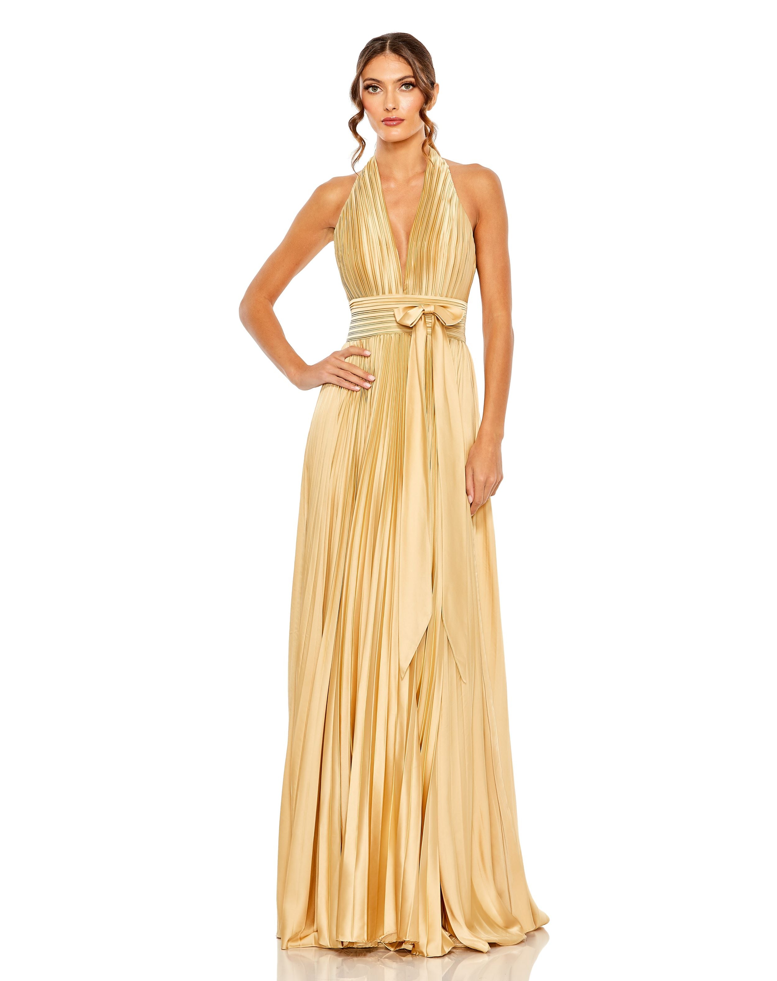 Pleated Halter Neck Gown with Center Bow