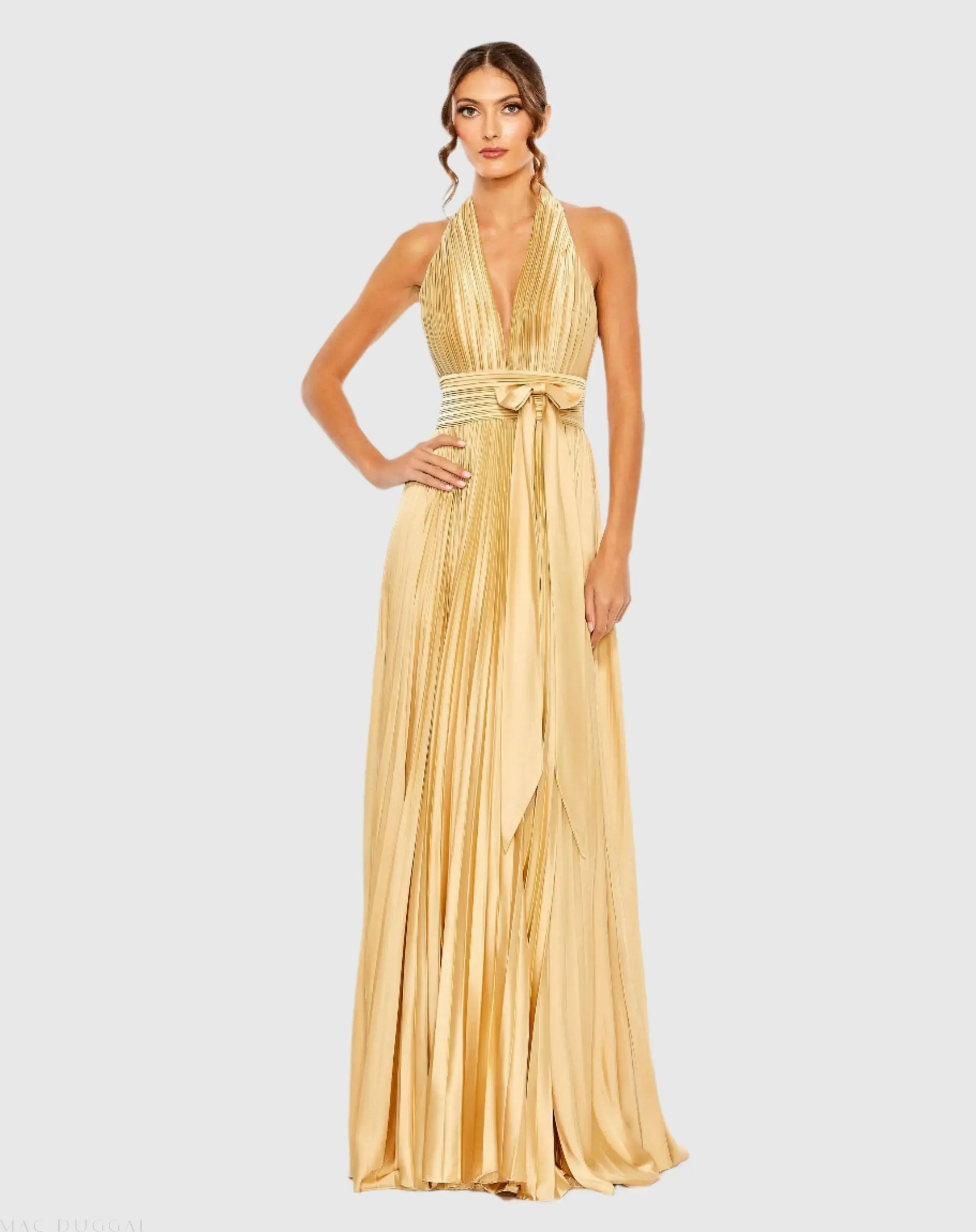 Mac Duggal Center Bow Pleated Halter Neck Gown - Gold Mac Duggal Center Bow Pleated Halter Neck Gown - Gold