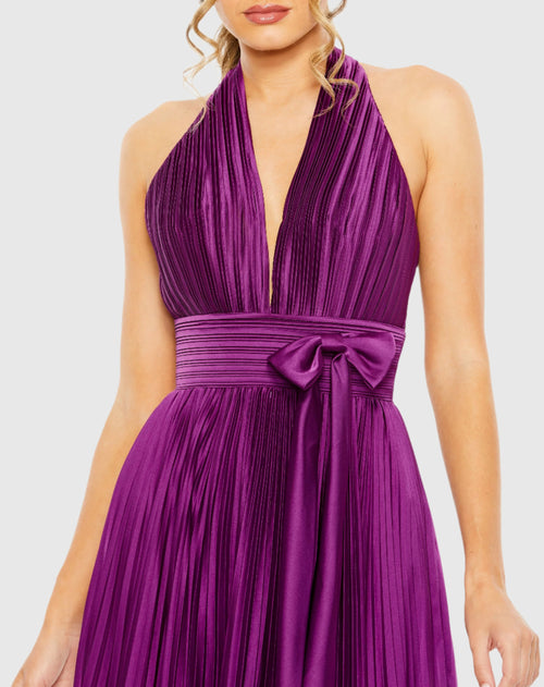 Pleated Halter Neck Gown with Center Bow