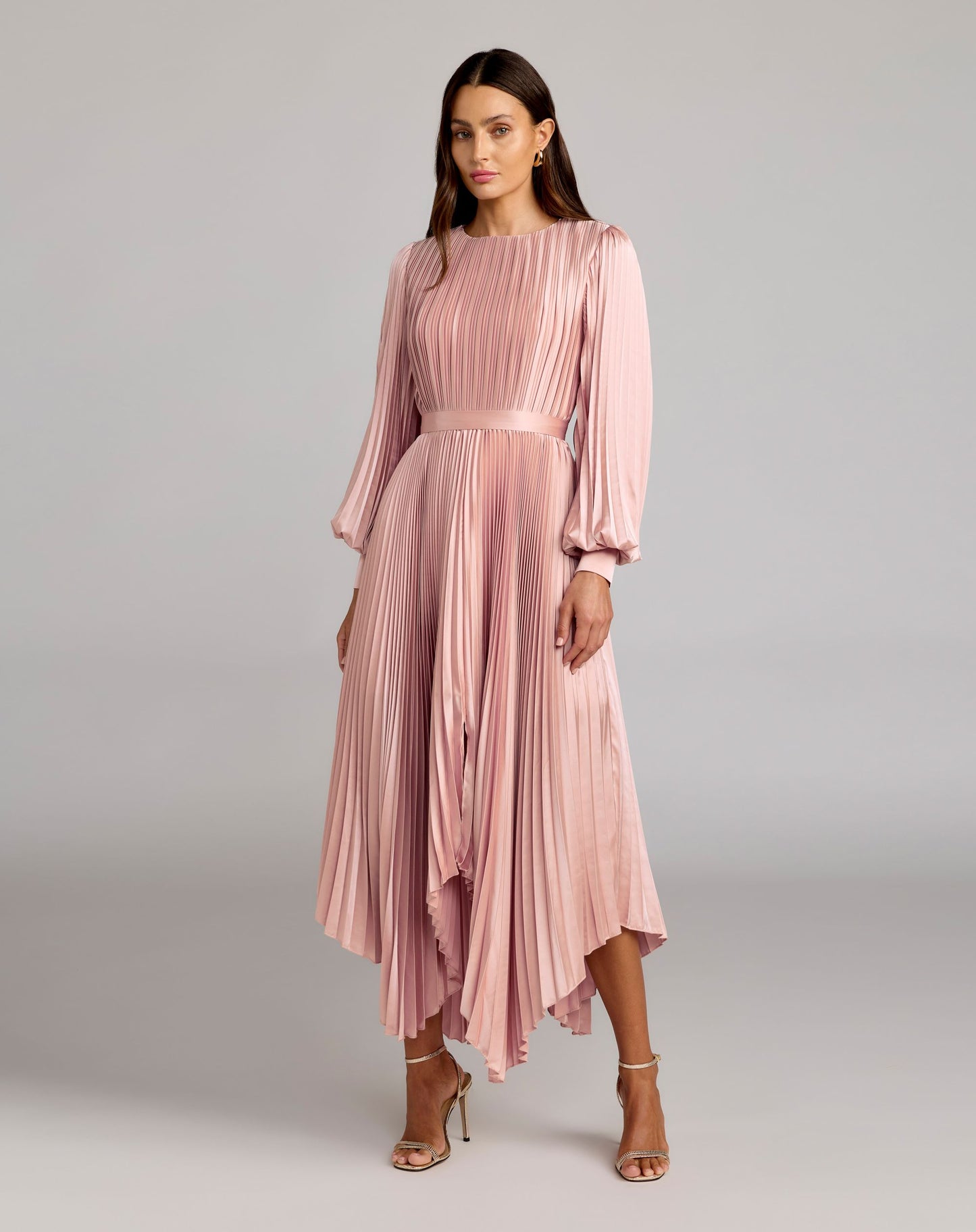 Pink Long Sleeve Pleated Charmeuse Handkerchief Dress Ieena for Mac Duggal
