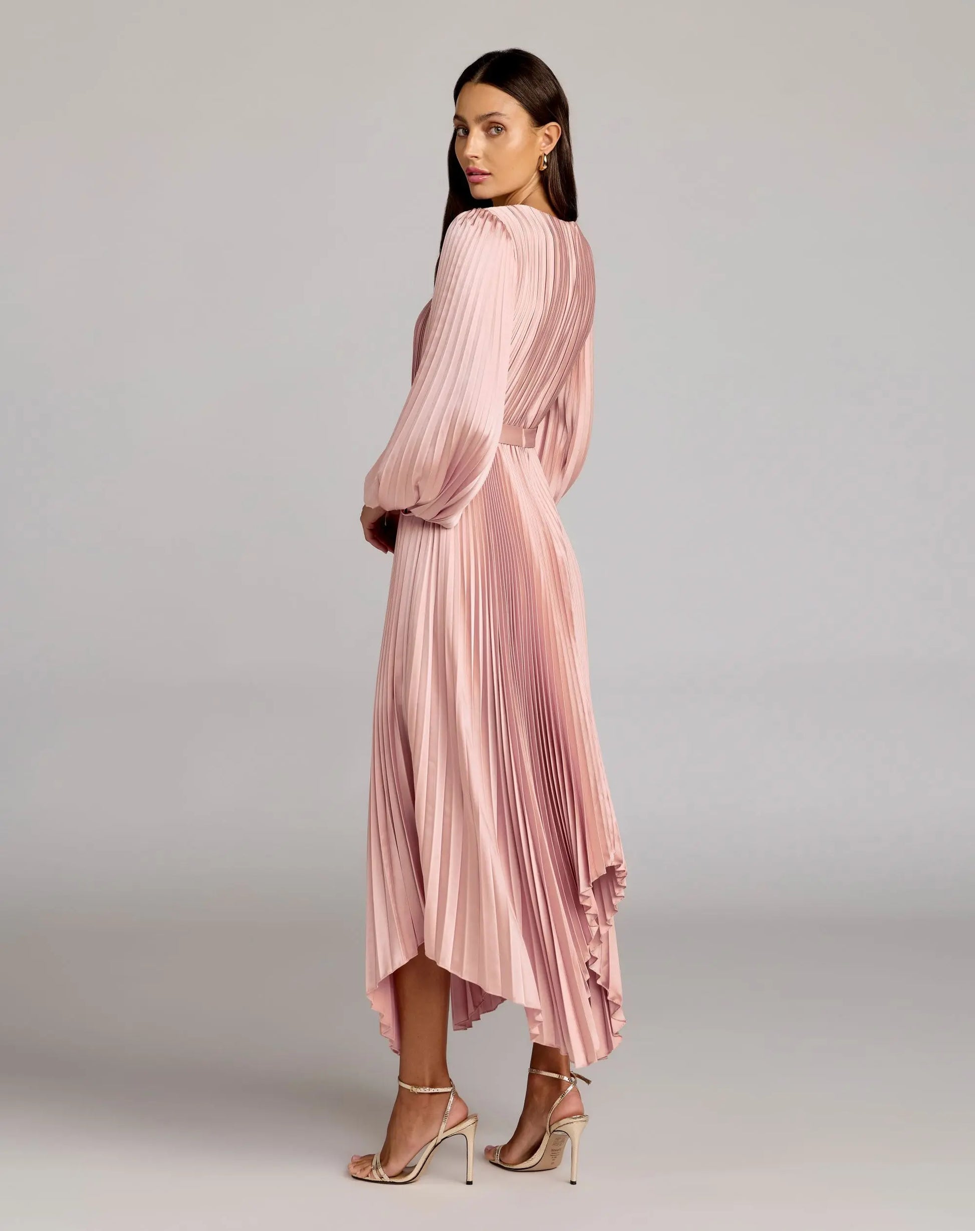 Pink Long Sleeve Pleated Charmeuse Handkerchief Dress | Mac Duggal Pink Long Sleeve Pleated Charmeuse Handkerchief Dress | Mac Duggal