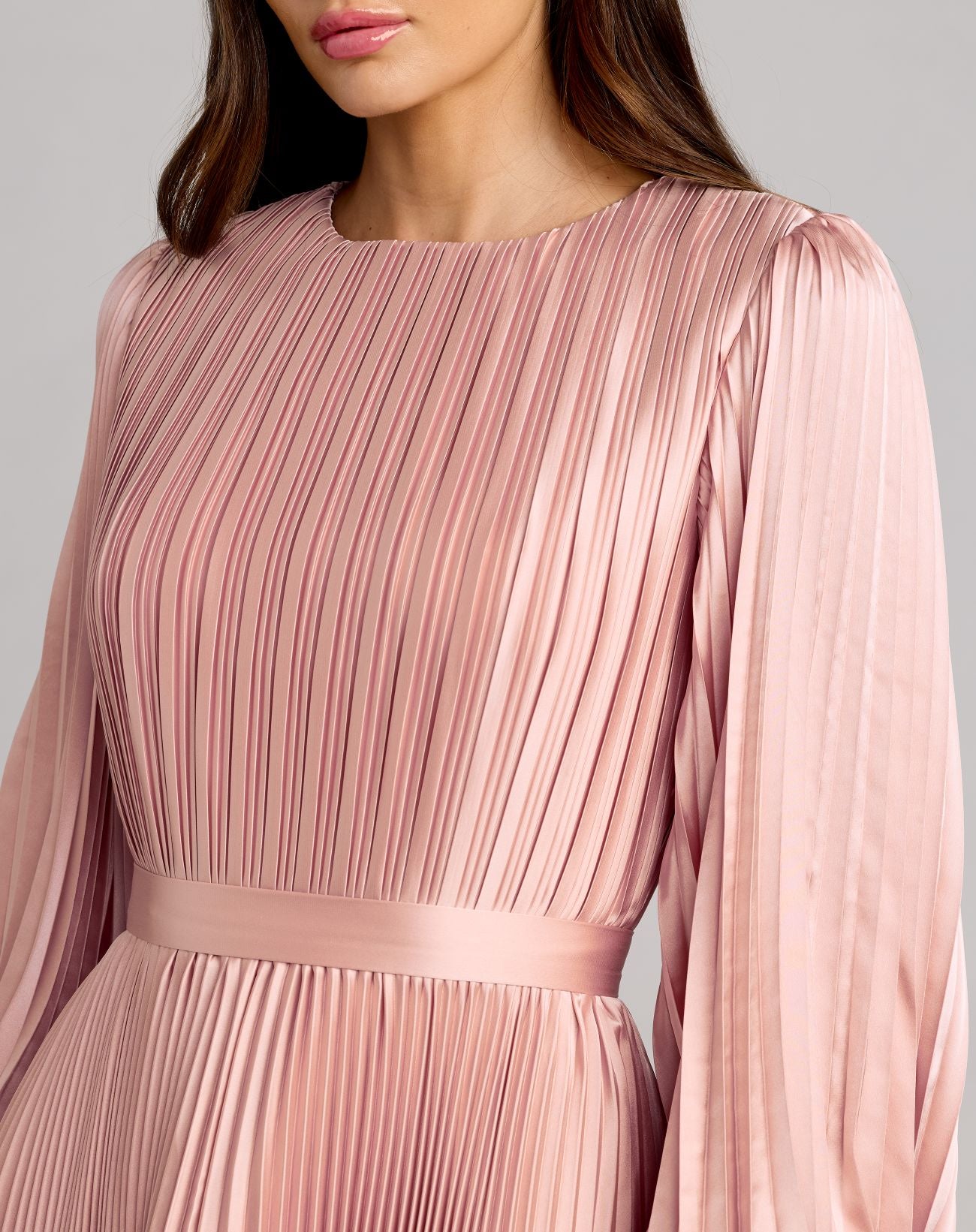Pink Long Sleeve Pleated Charmeuse Handkerchief Dress Ieena for Mac Duggal