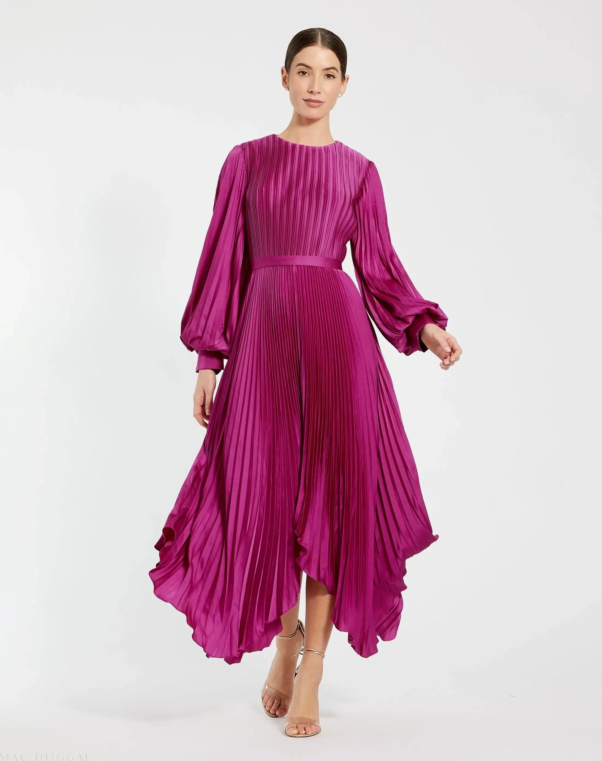 Purple Long Sleeve Pleated Charmeuse Handkerchief Dress | Mac Duggal Purple Long Sleeve Pleated Charmeuse Handkerchief Dress | Mac Duggal