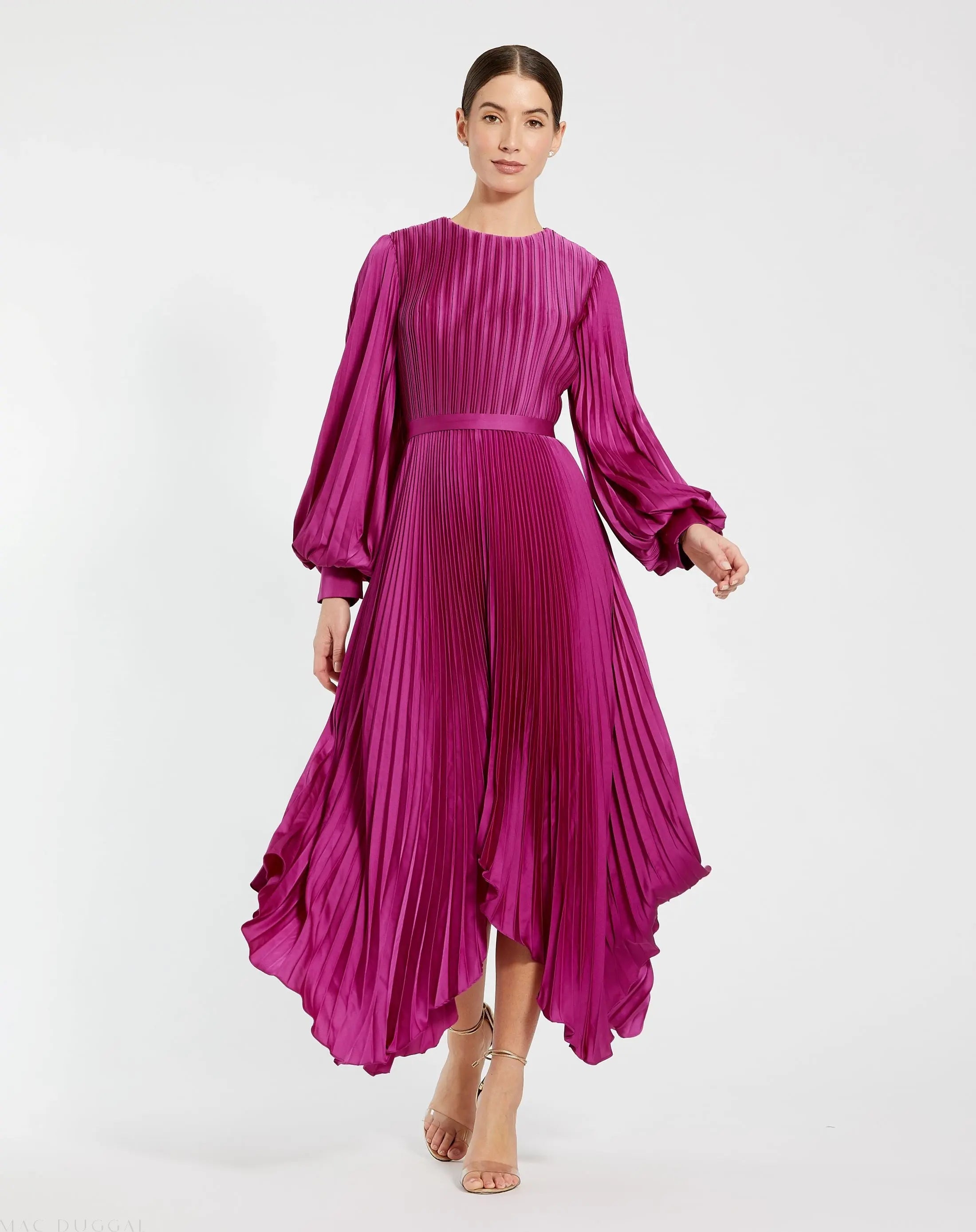Purple Long Sleeve Pleated Charmeuse Handkerchief Dress - Ieena for Mac Duggal
