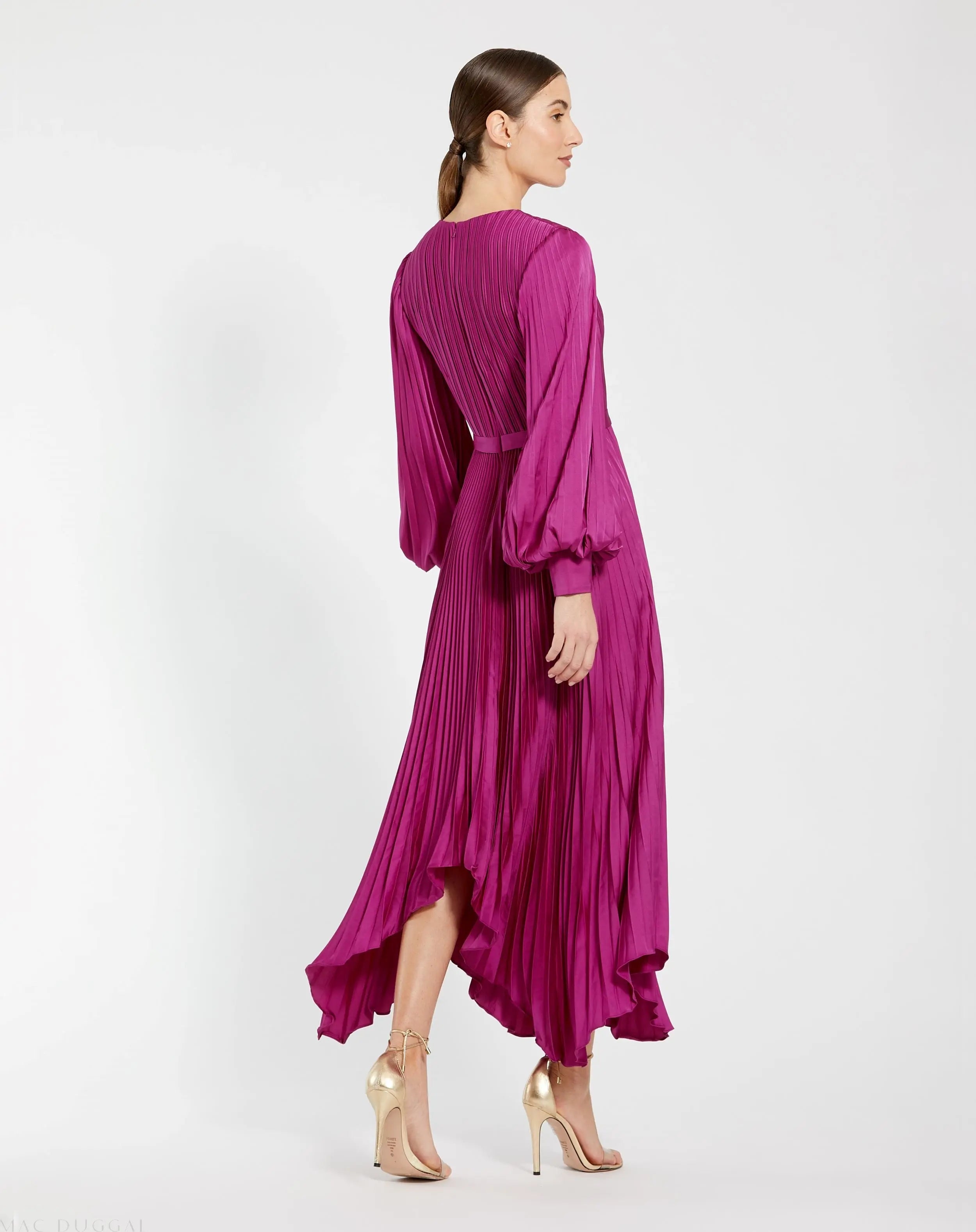 Purple Long Sleeve Pleated Charmeuse Handkerchief Dress - Ieena for Mac Duggal