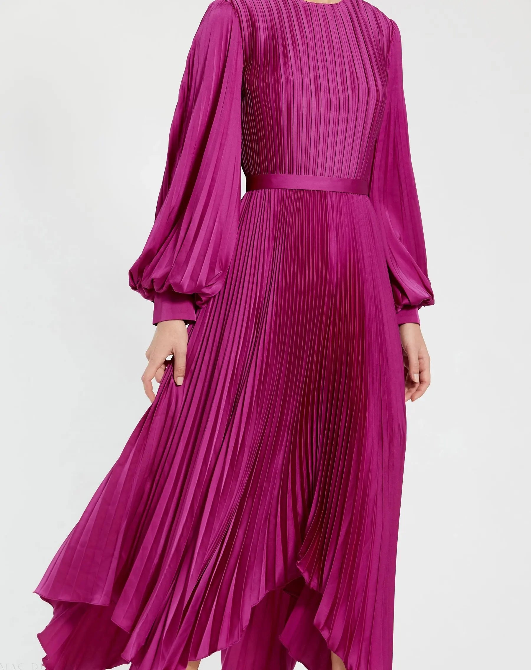 Purple Long Sleeve Pleated Charmeuse Handkerchief Dress - Ieena for Mac Duggal