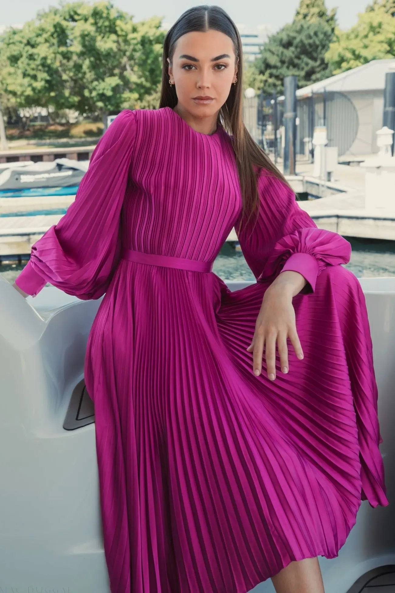 Purple Long Sleeve Pleated Charmeuse Handkerchief Dress - Ieena for Mac Duggal