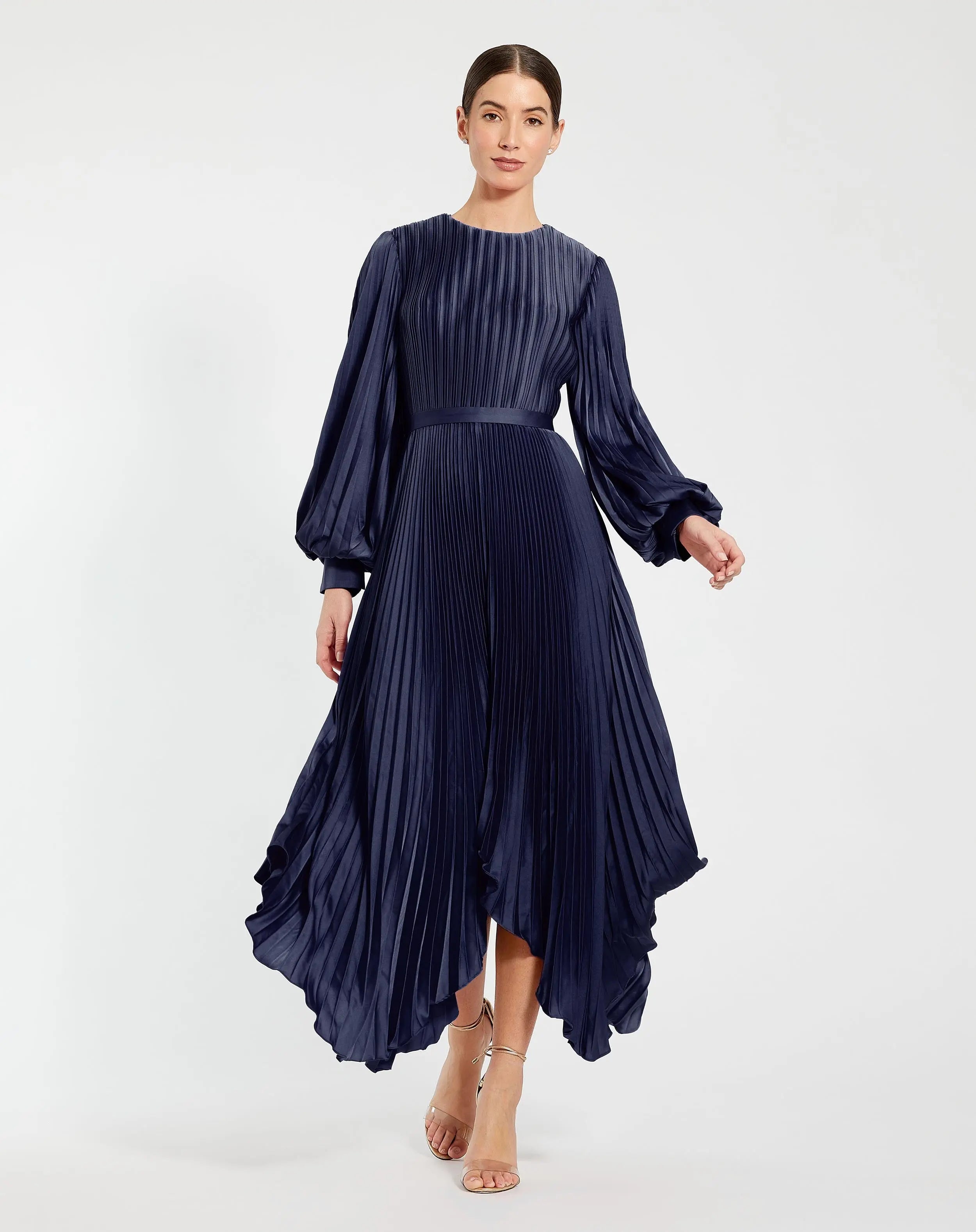 Navy Long Sleeve Pleated Charmeuse Handkerchief Dress - Ieena for Mac Duggal