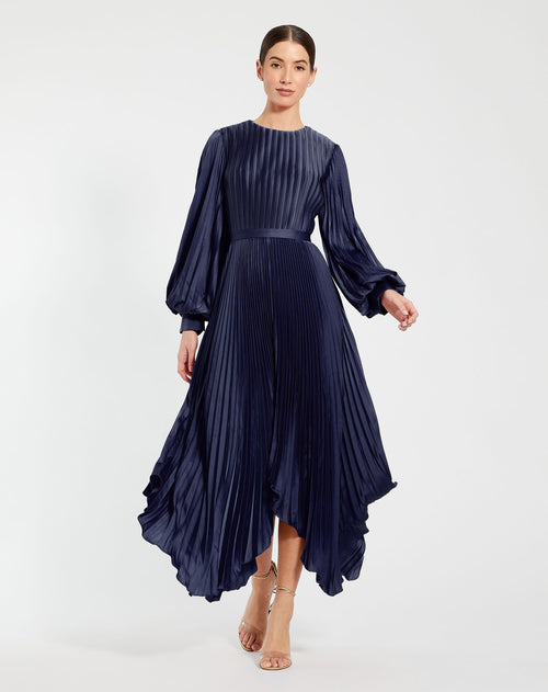 Navy Long Sleeve Pleated Charmeuse Handkerchief Dress - Ieena for Mac Duggal