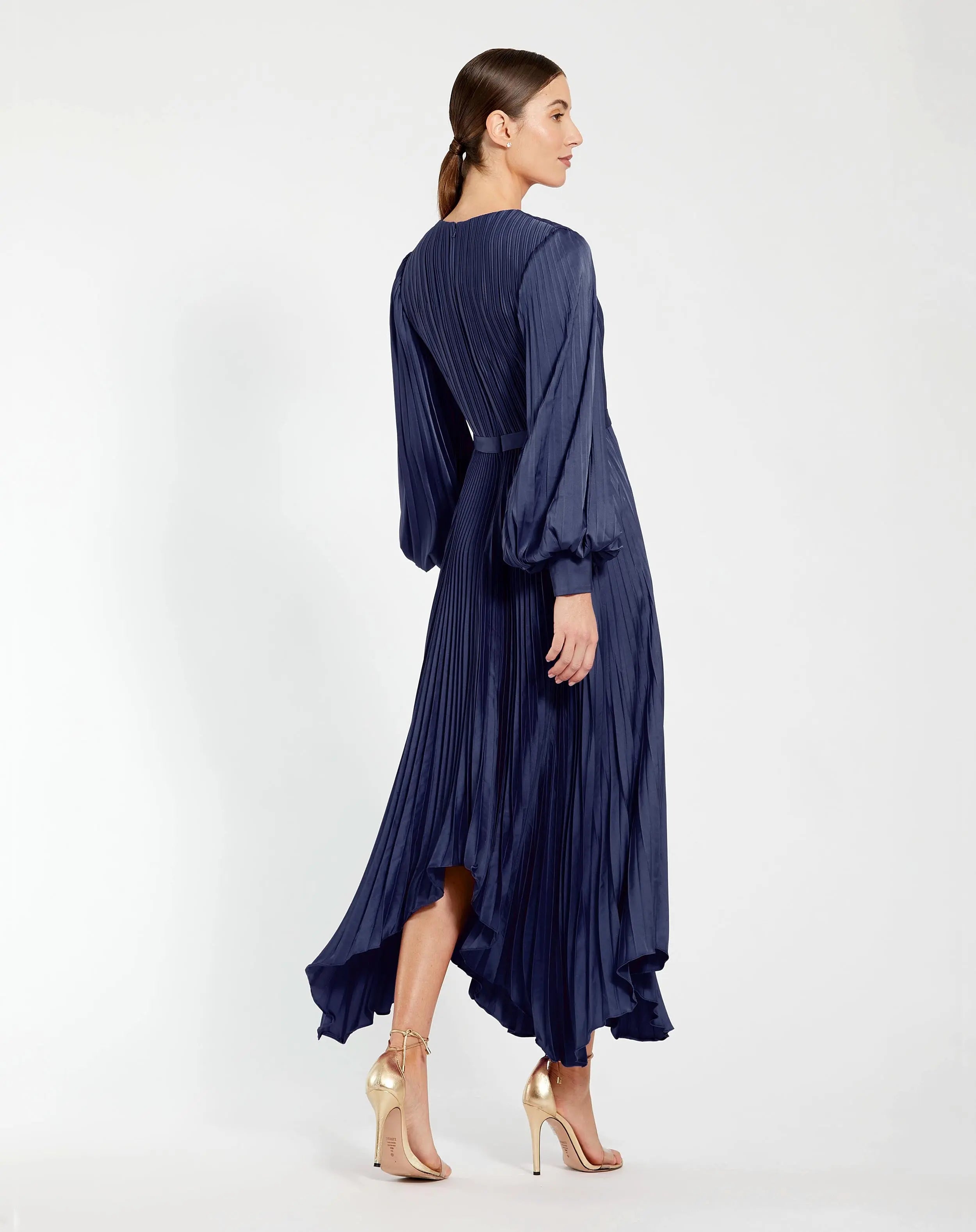 Navy Long Sleeve Pleated Charmeuse Handkerchief Dress - Ieena for Mac Duggal