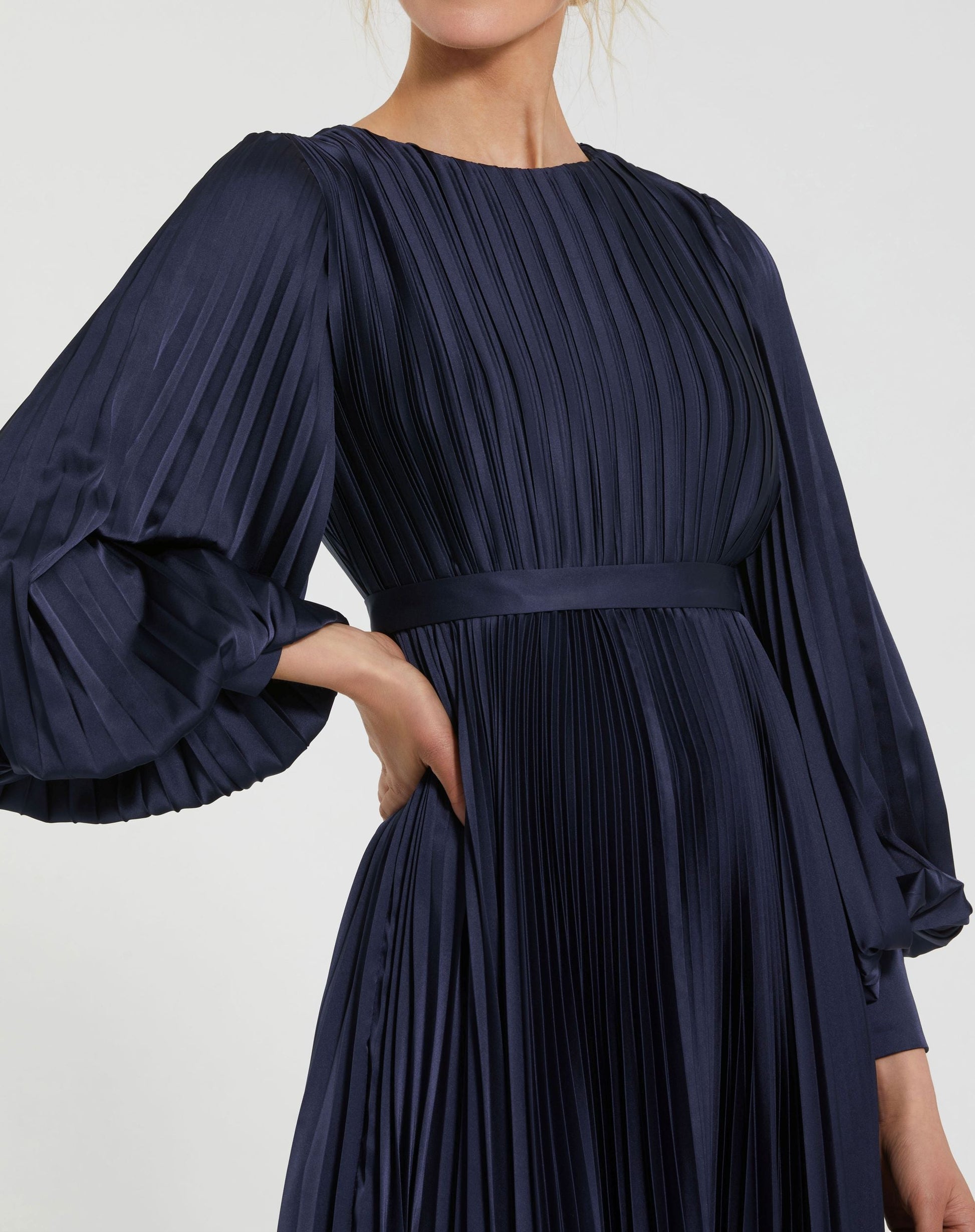 Navy Long Sleeve Pleated Charmeuse Handkerchief Dress Ieena for Mac Duggal