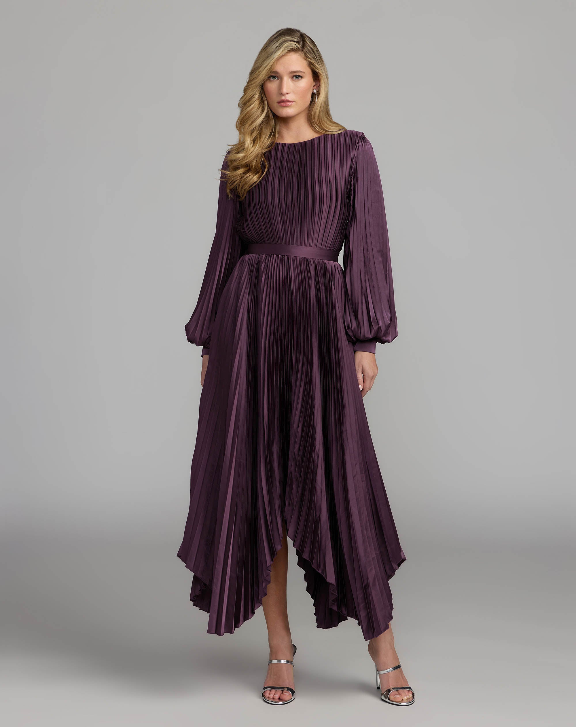 Purple Long Sleeve Pleated Charmeuse Handkerchief Dress - Ieena for Mac Duggal