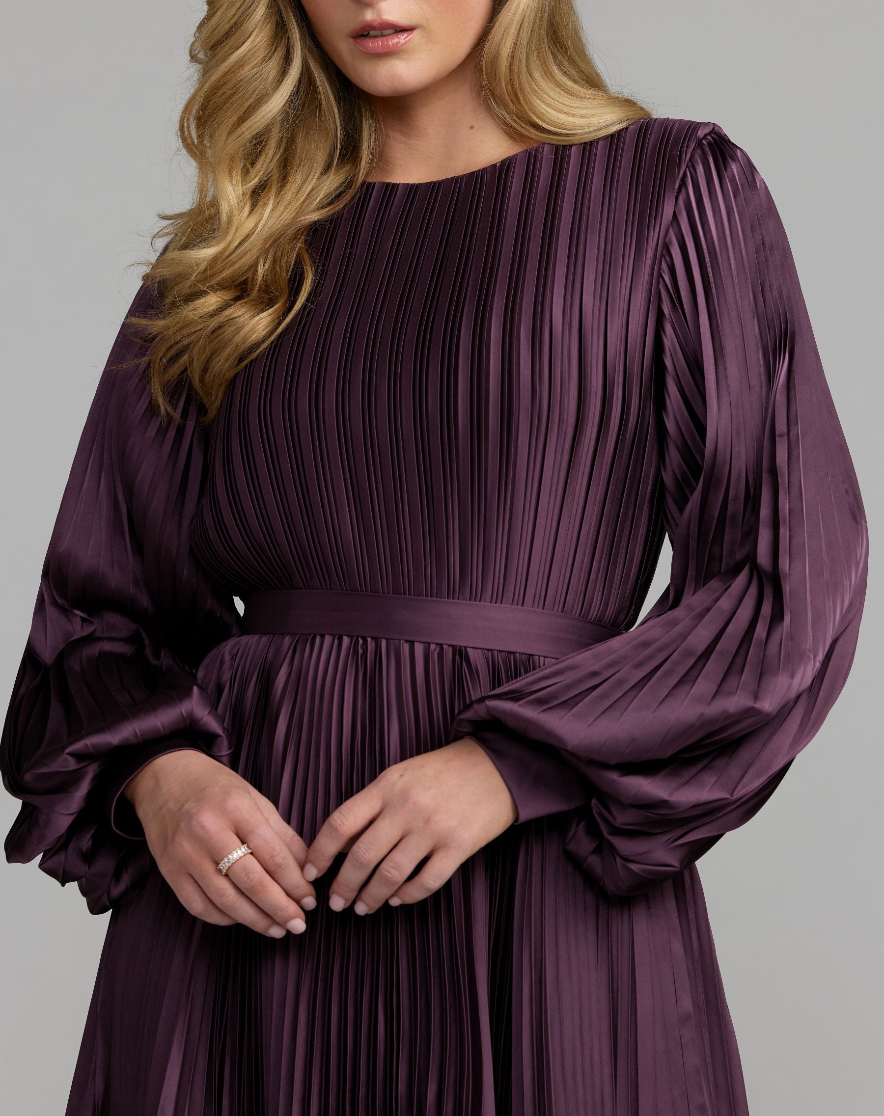 Purple Long Sleeve Pleated Charmeuse Handkerchief Dress - Ieena for Mac Duggal
