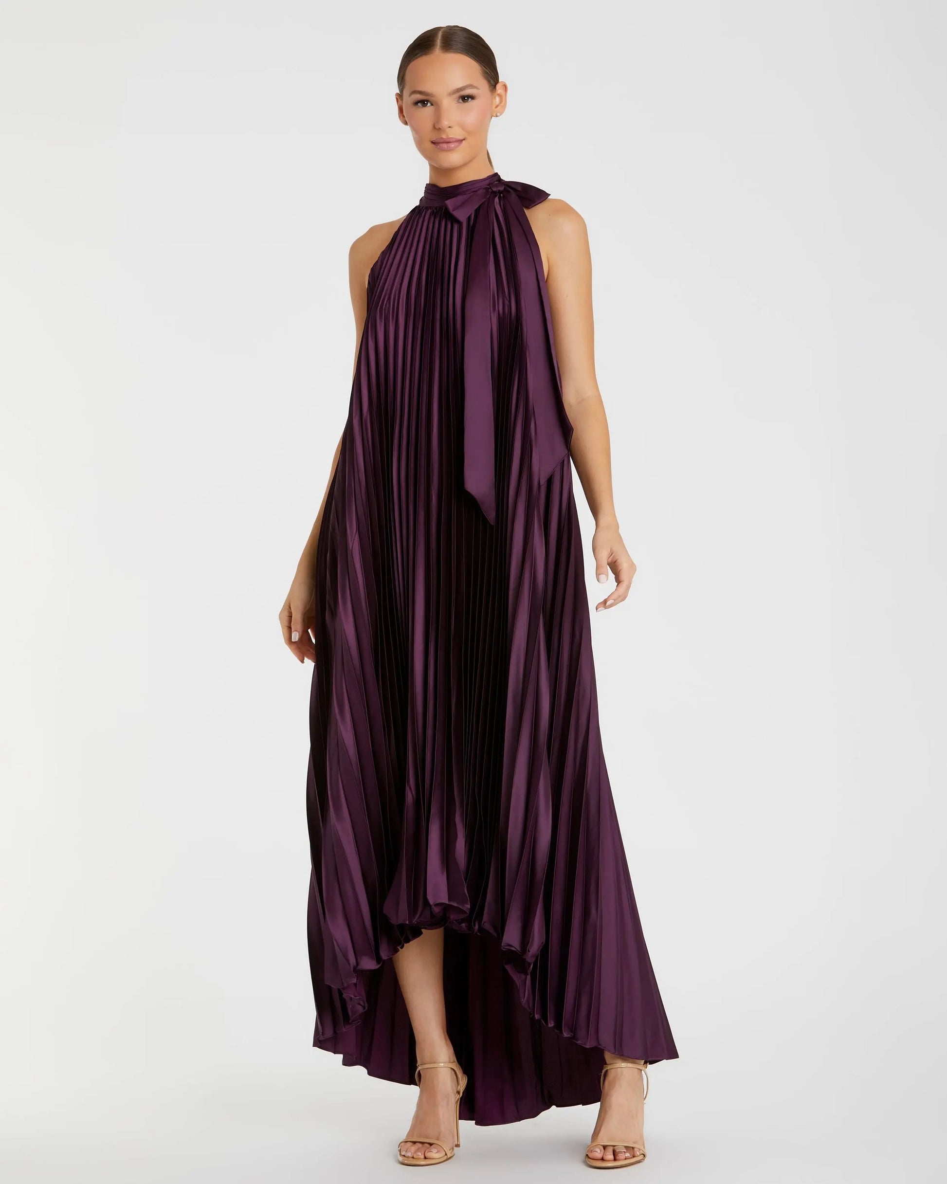 Purple Pleated Halter Neck High Low Gown | Mac Duggal Purple Pleated Halter Neck High Low Gown | Mac Duggal