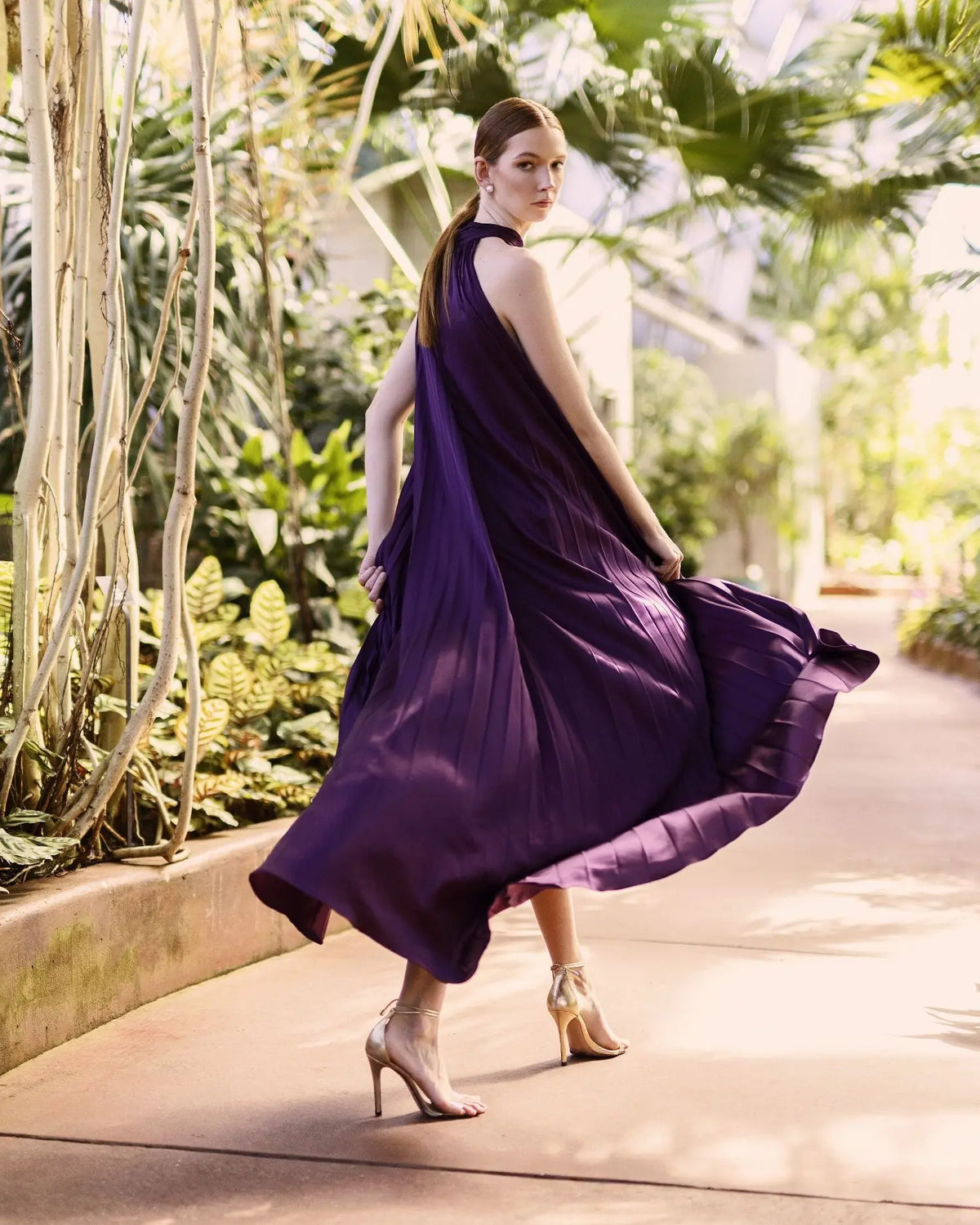 Purple Pleated Halter Neck High Low Gown