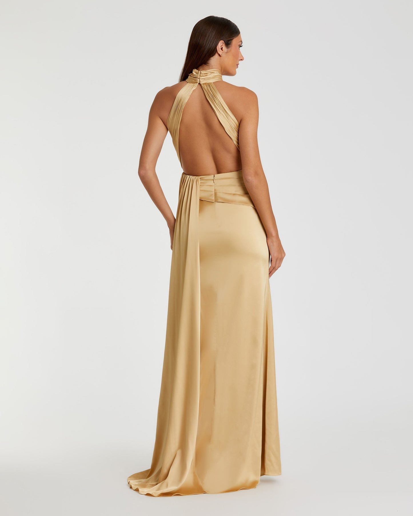 Gold Open Back High Neck Side Ruched Gown Ieena for Mac Duggal