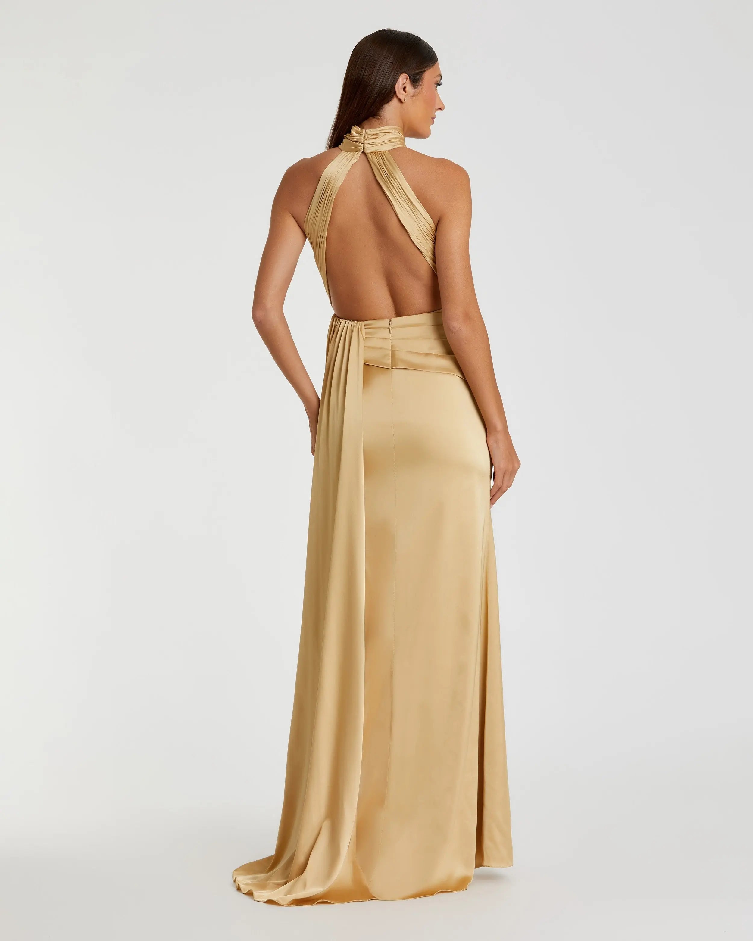 Gold Open Back High Neck Side Ruched Gown Ieena for Mac Duggal