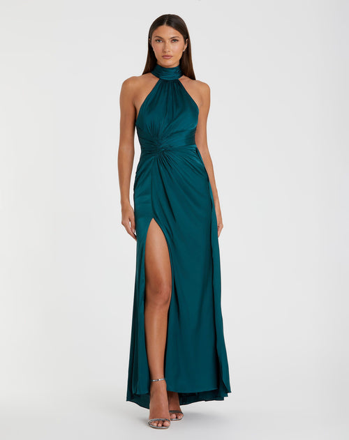 Open Back High Neck Side Ruched Gown