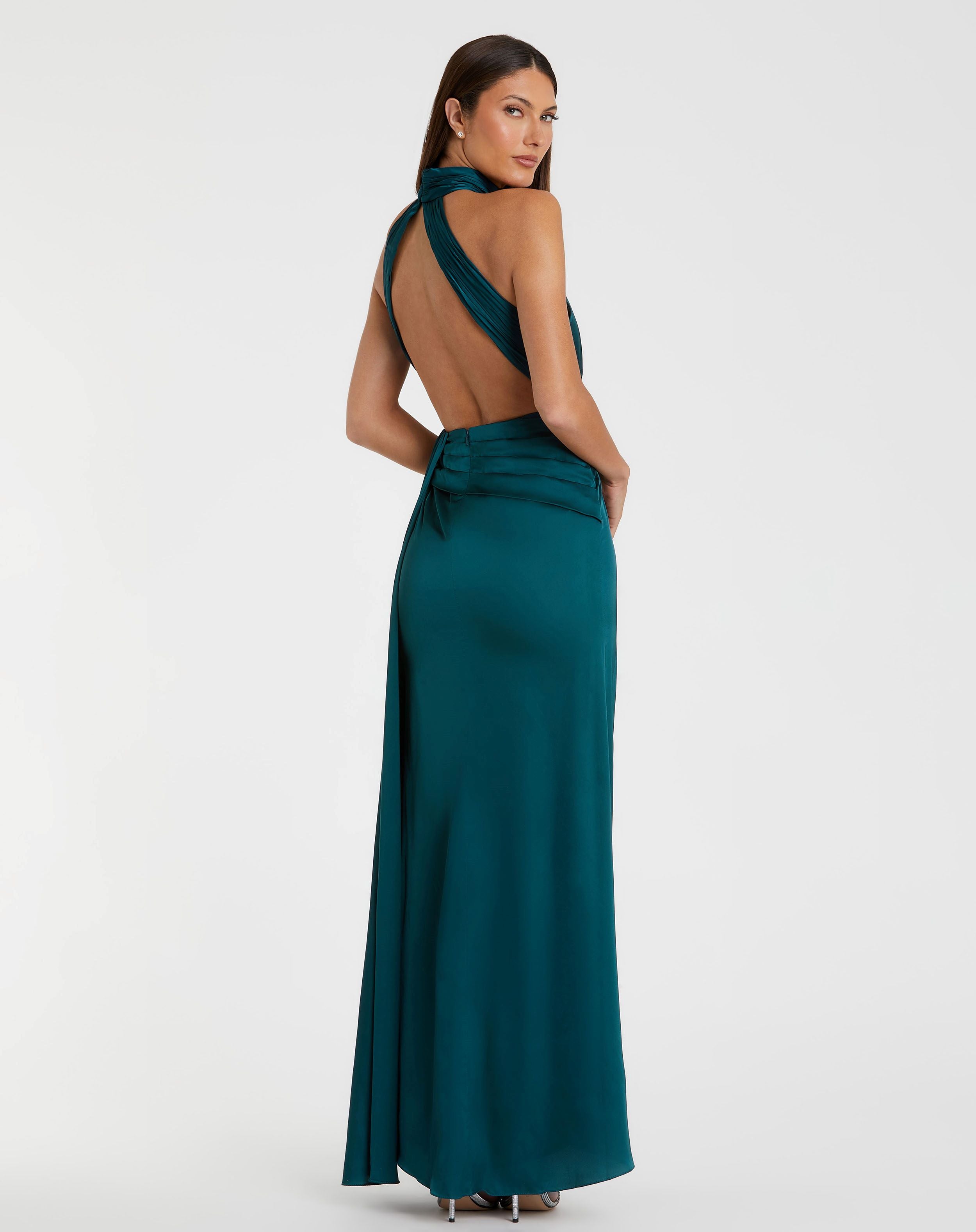 Open Back High Neck Side Ruched Gown