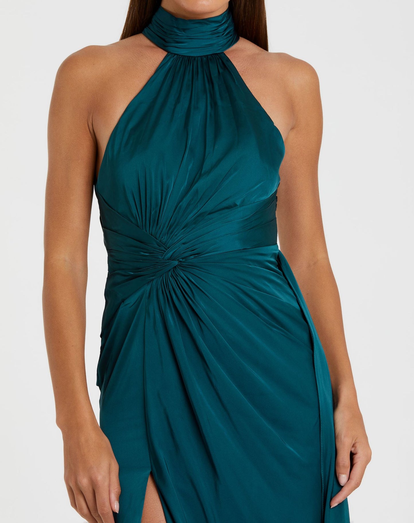 Open Back High Neck Side Ruched Gown