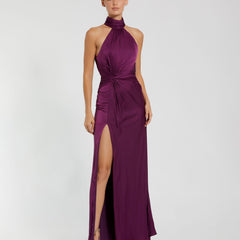 Open Back High Neck Side Ruched Gown