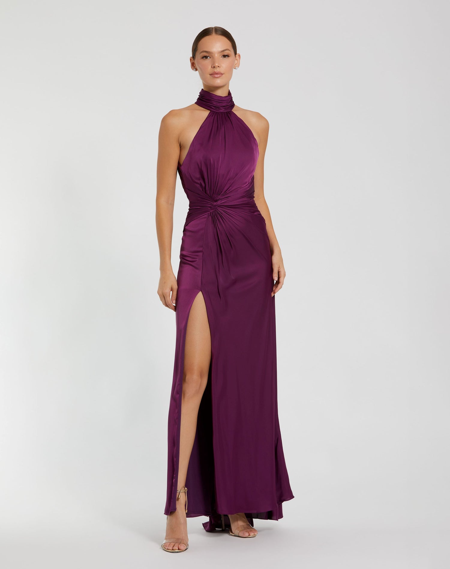 Open Back High Neck Side Ruched Gown