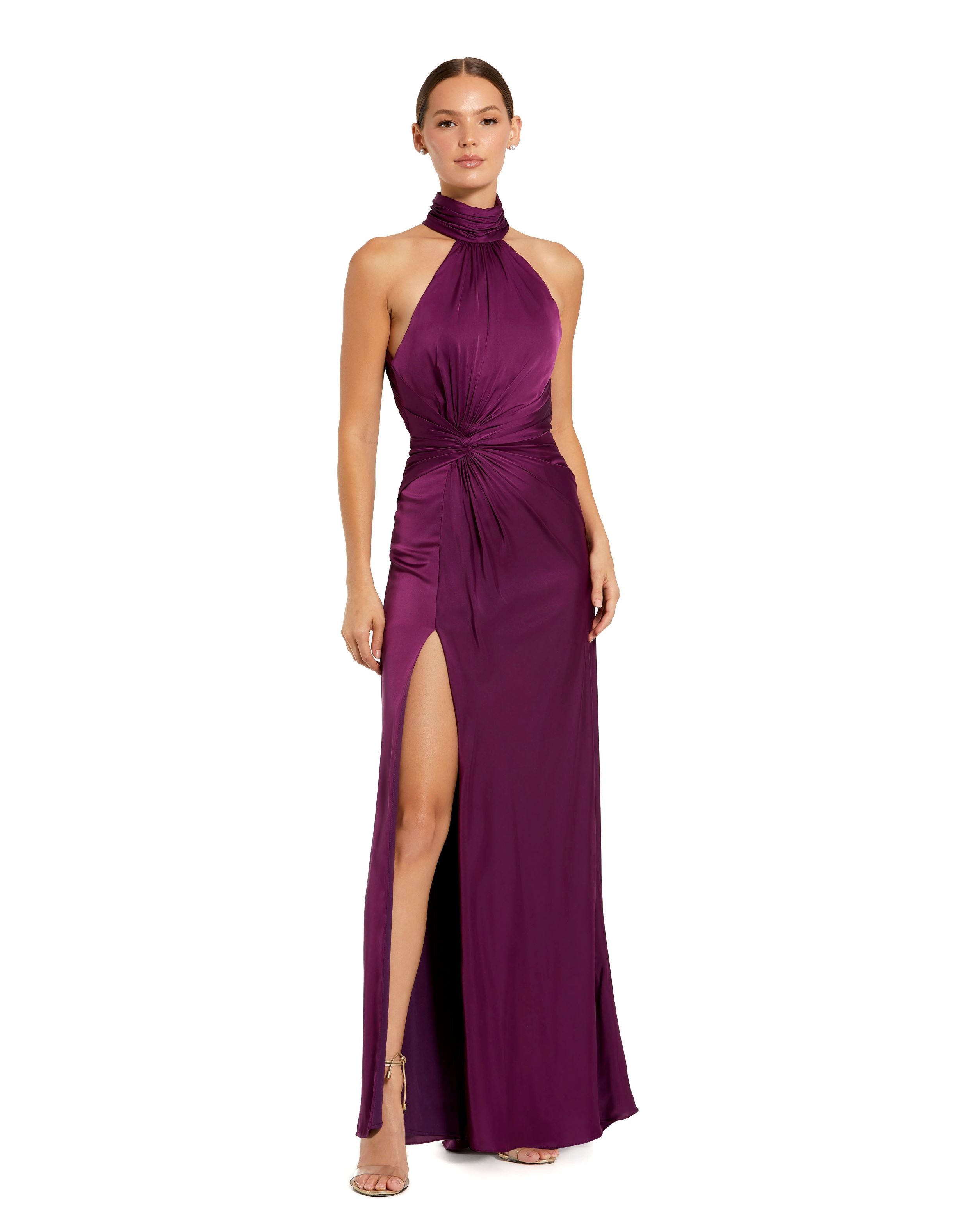Open Back High Neck Side Ruched Gown
