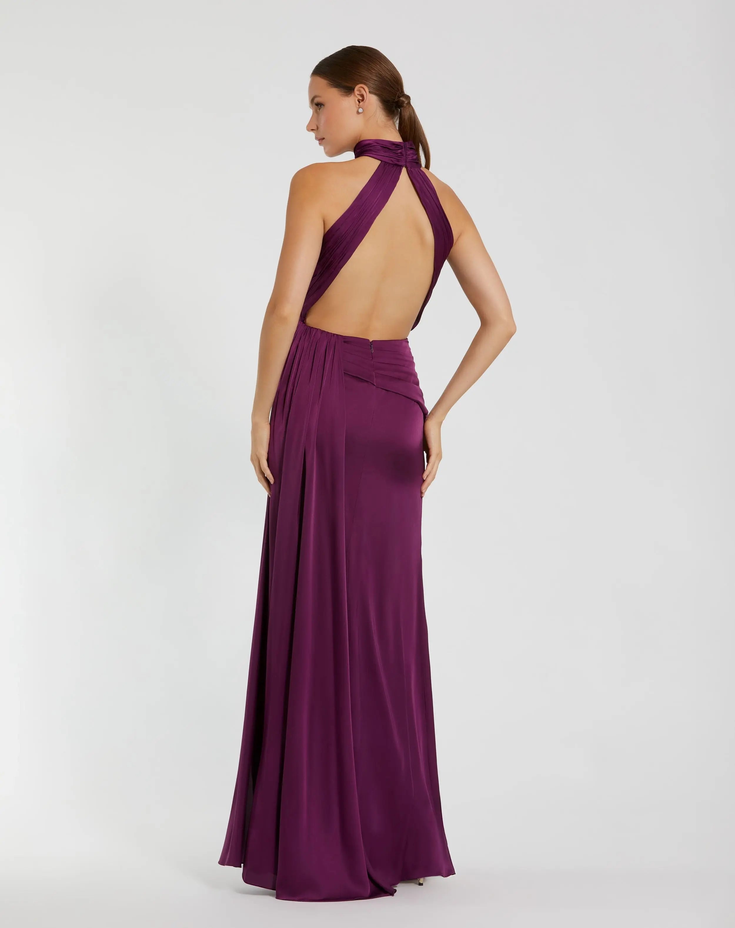 Purple Open Back High Neck Side Ruched Gown - Ieena for Mac Duggal