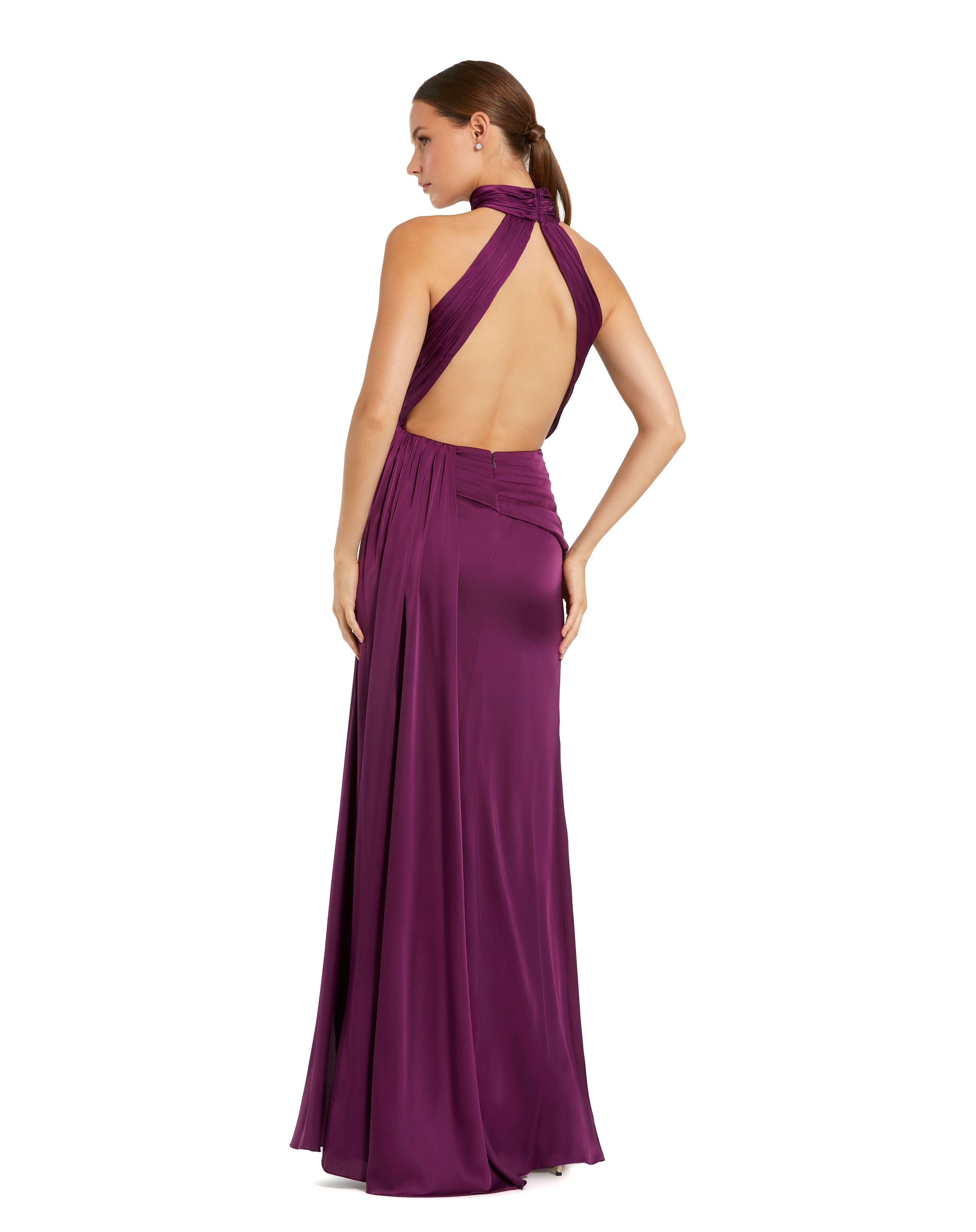 Open Back High Neck Side Ruched Gown