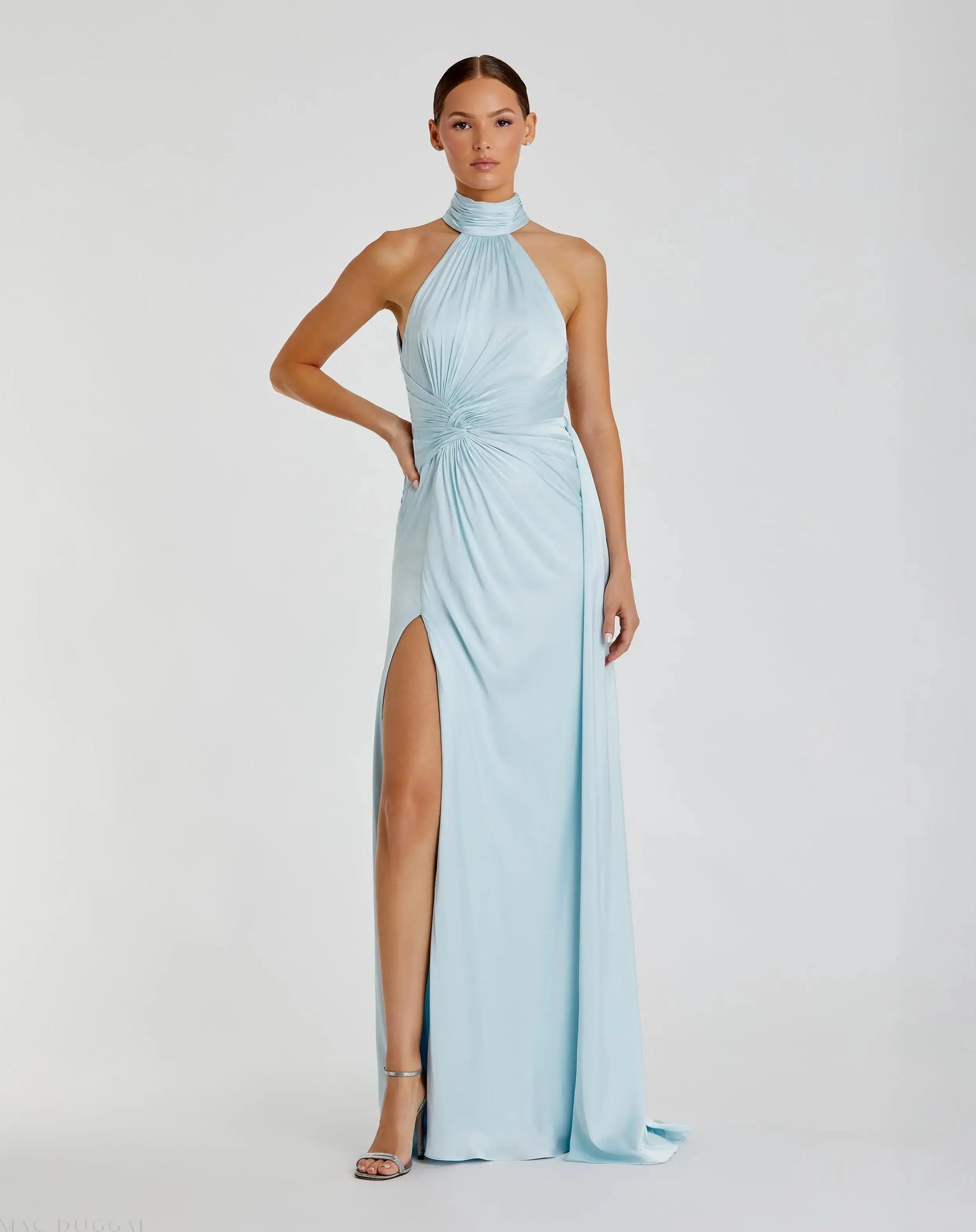 Light Blue Sleeveless Open Back Satin Gown | Mac Duggal Light Blue Sleeveless Open Back Satin Gown | Mac Duggal