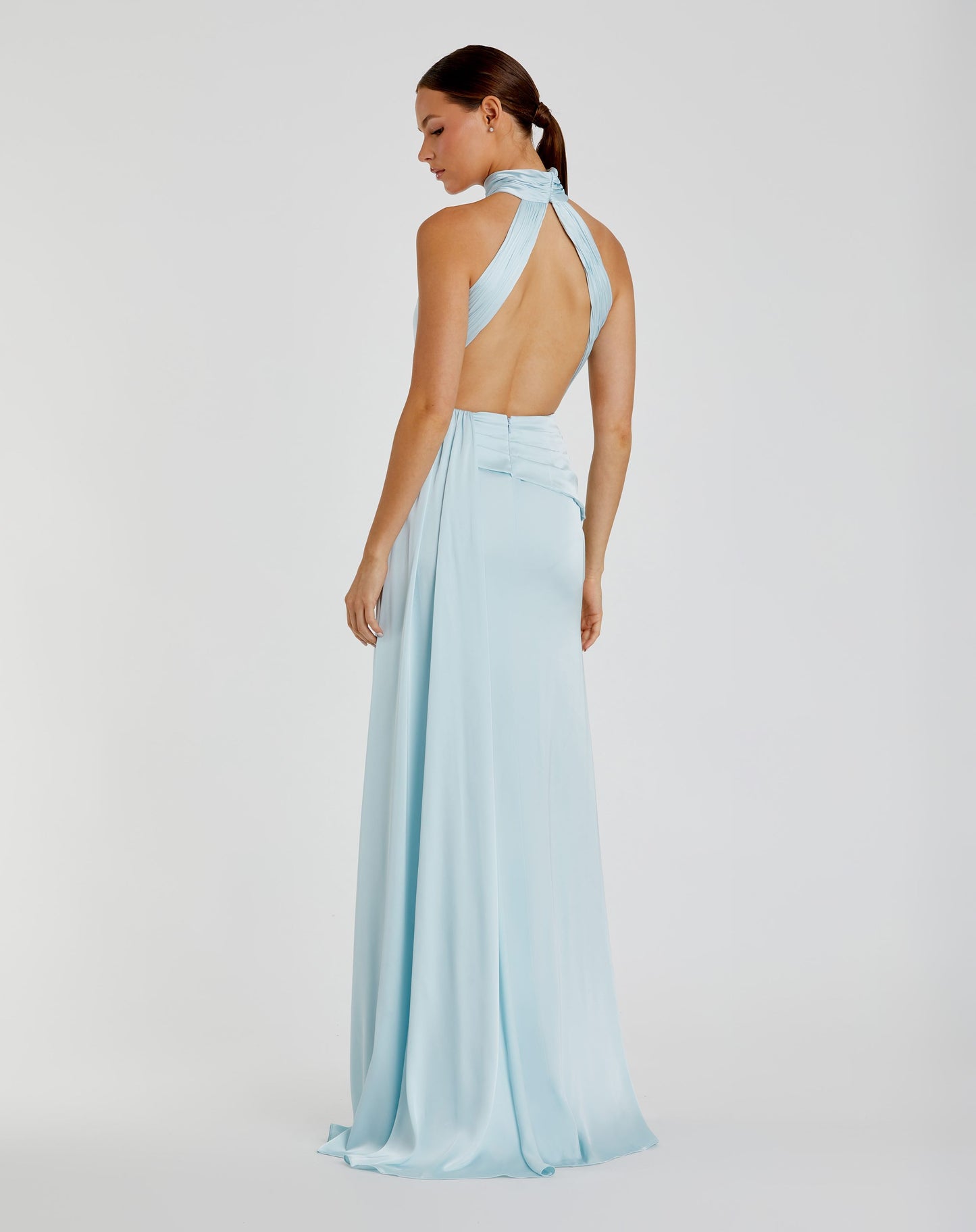 Light Blue Open Back High Neck Side Ruched Gown