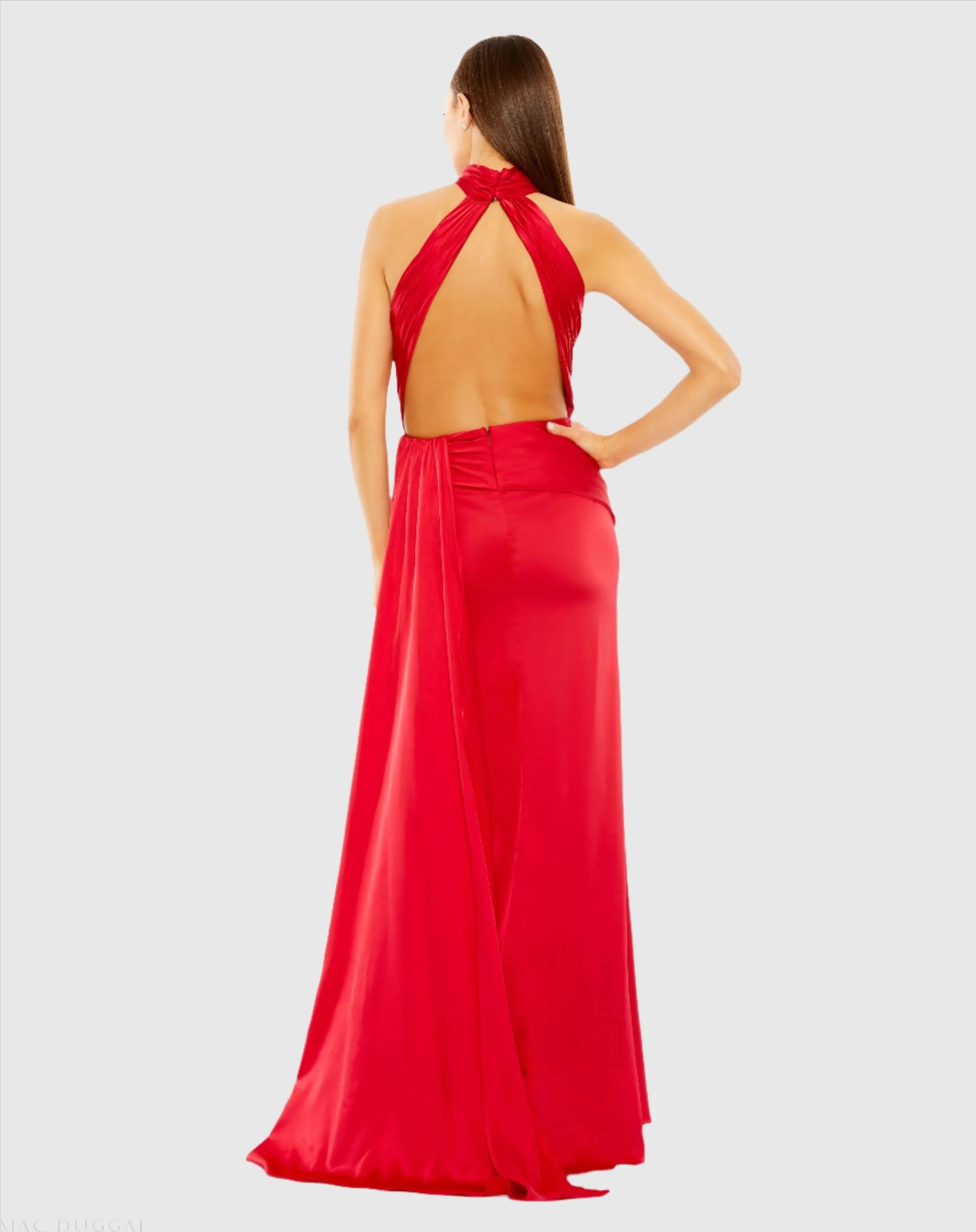 Red Open Back High Neck Side Ruched Gown - Ieena for Mac Duggal