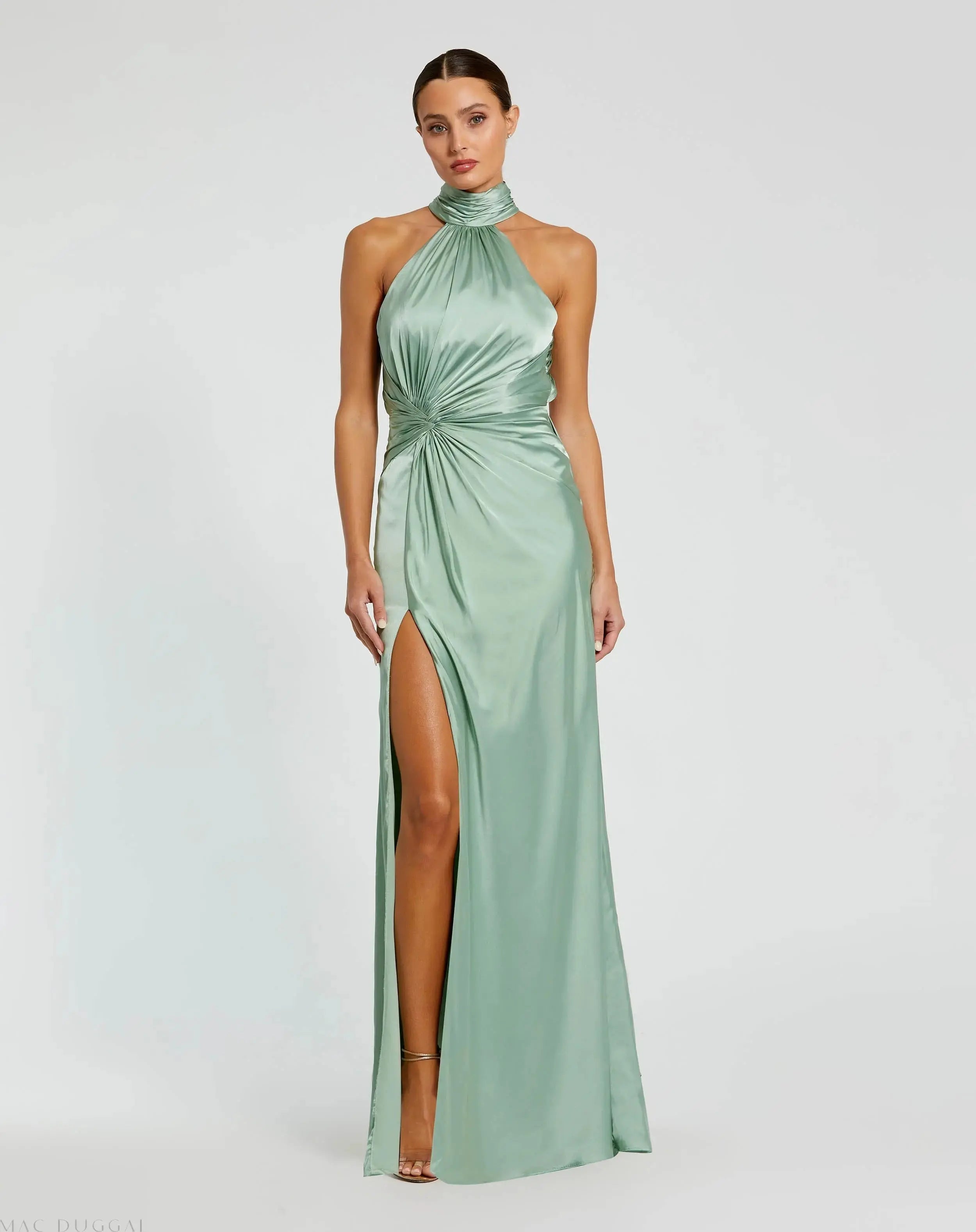 Green Open Back High Neck Side Ruched Gown - Mac Duggal