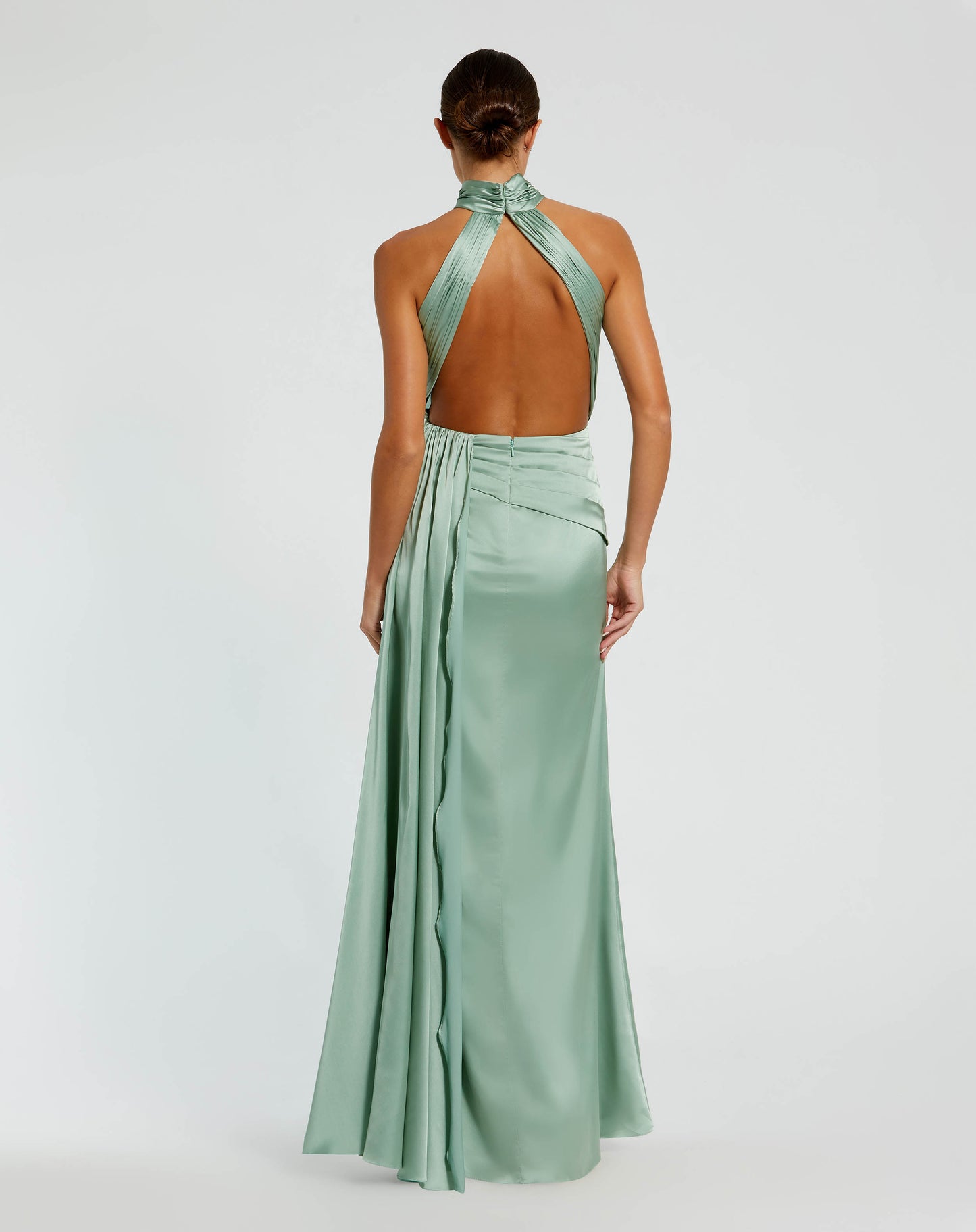 Light Green Open Back High Neck Side Ruched Gown