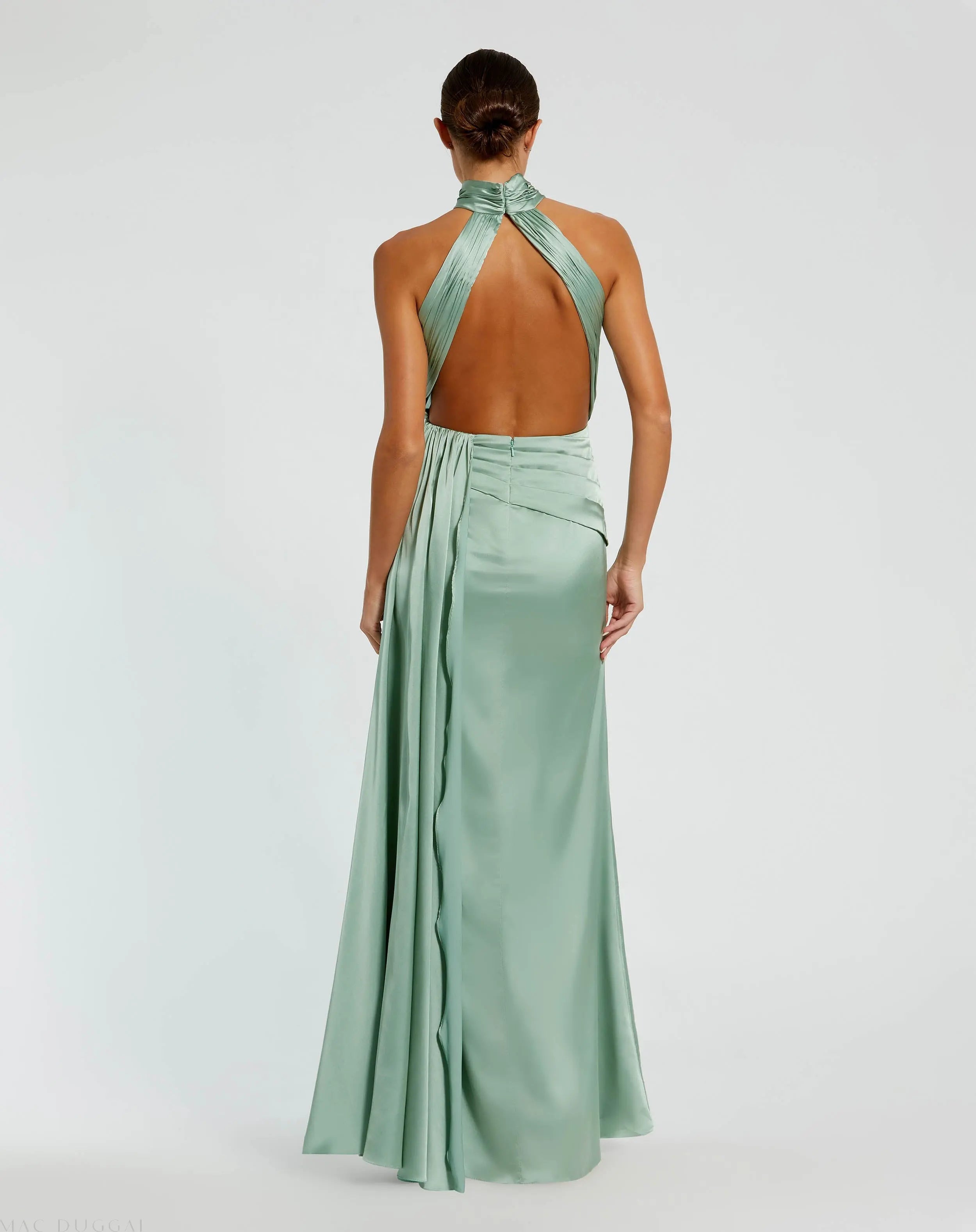 Green Open Back High Neck Side Ruched Gown - Mac Duggal