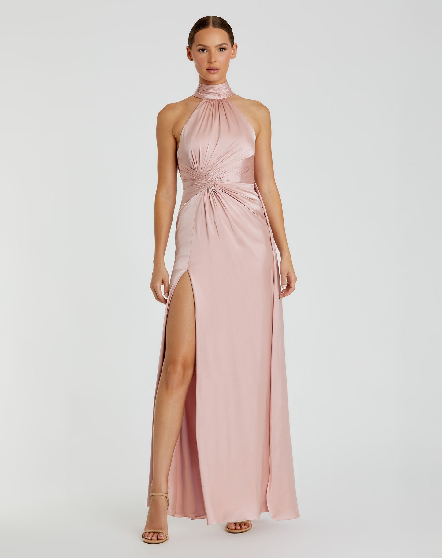 Light Pink Open Back High Neck Side Ruched Gown