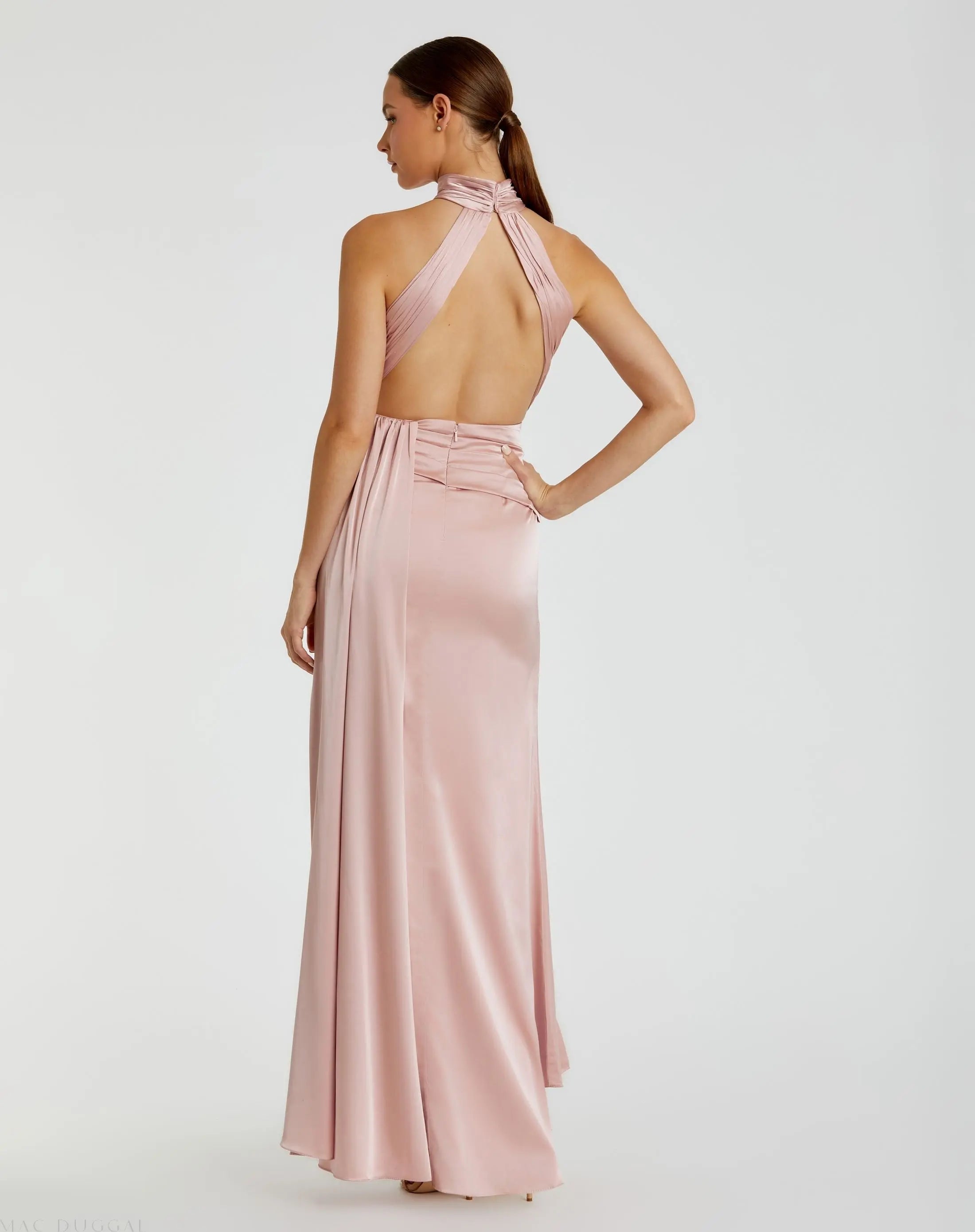 mac duggal pink chiffon dress Pink Strapless Floral Chiffon Gown with Ruched Detail