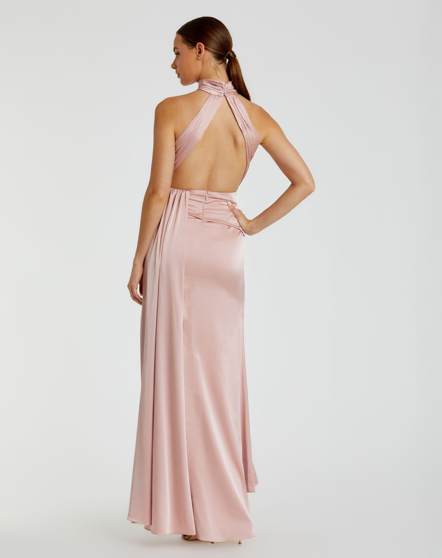 Open Back High Neck Side Ruched Gown