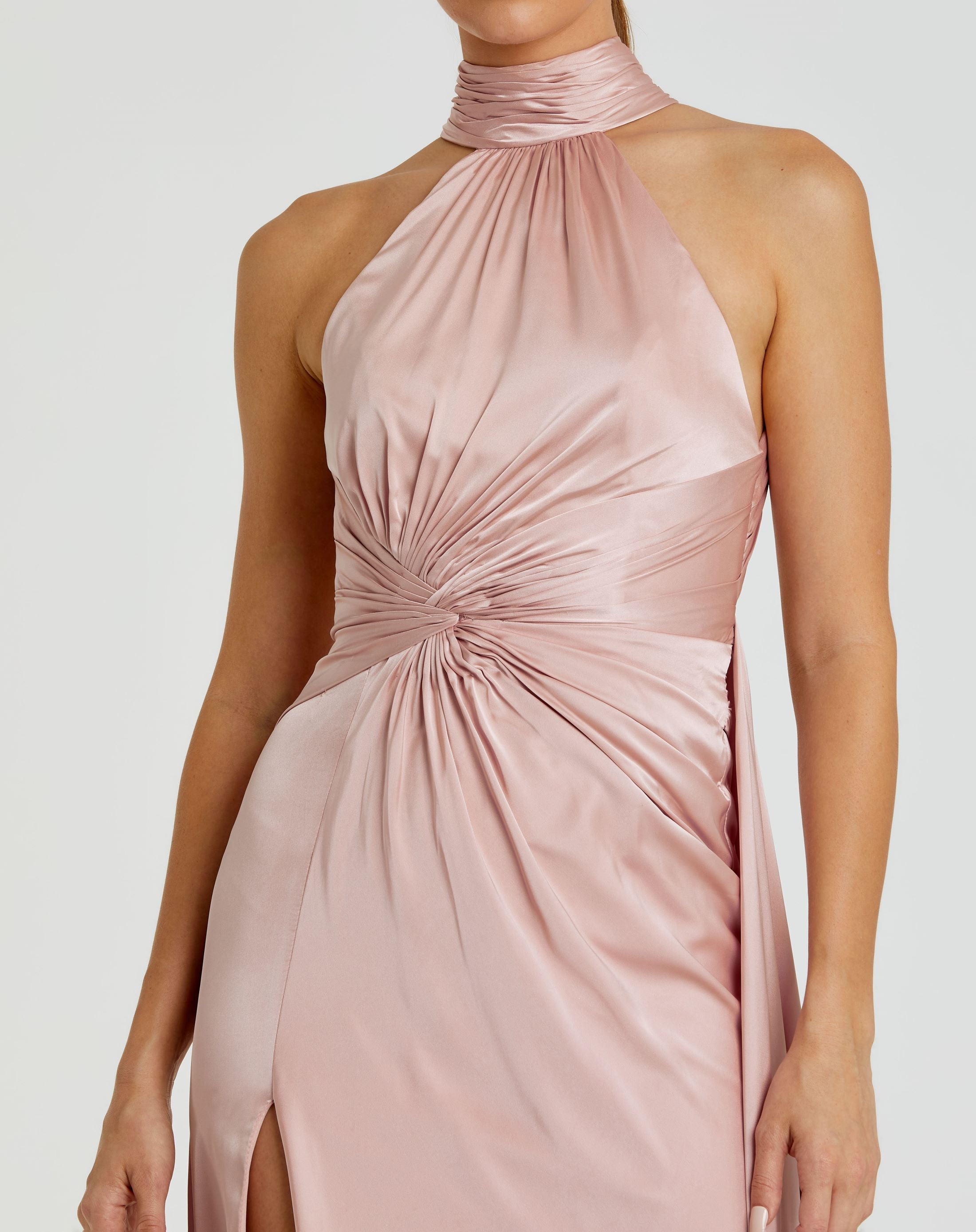 Open Back High Neck Side Ruched Gown