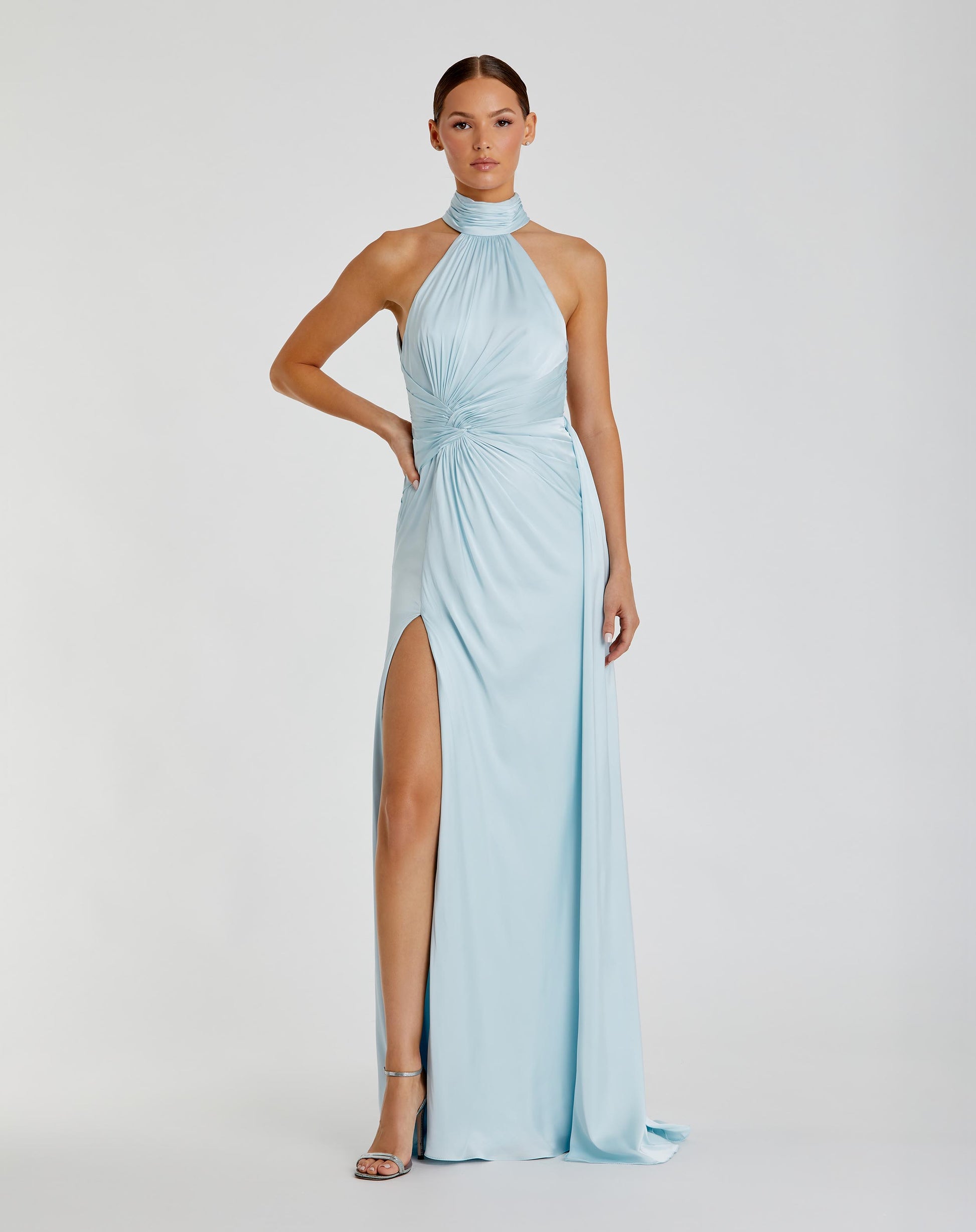 Light Blue Open Back High Neck Side Ruched Gown