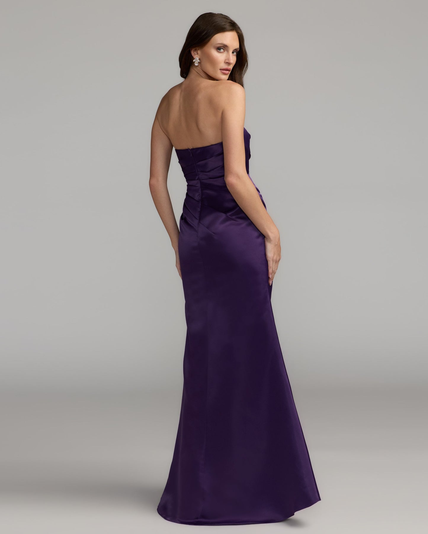 Dark Purple Strapless Satin Gown With Slit Ieena for Mac Duggal