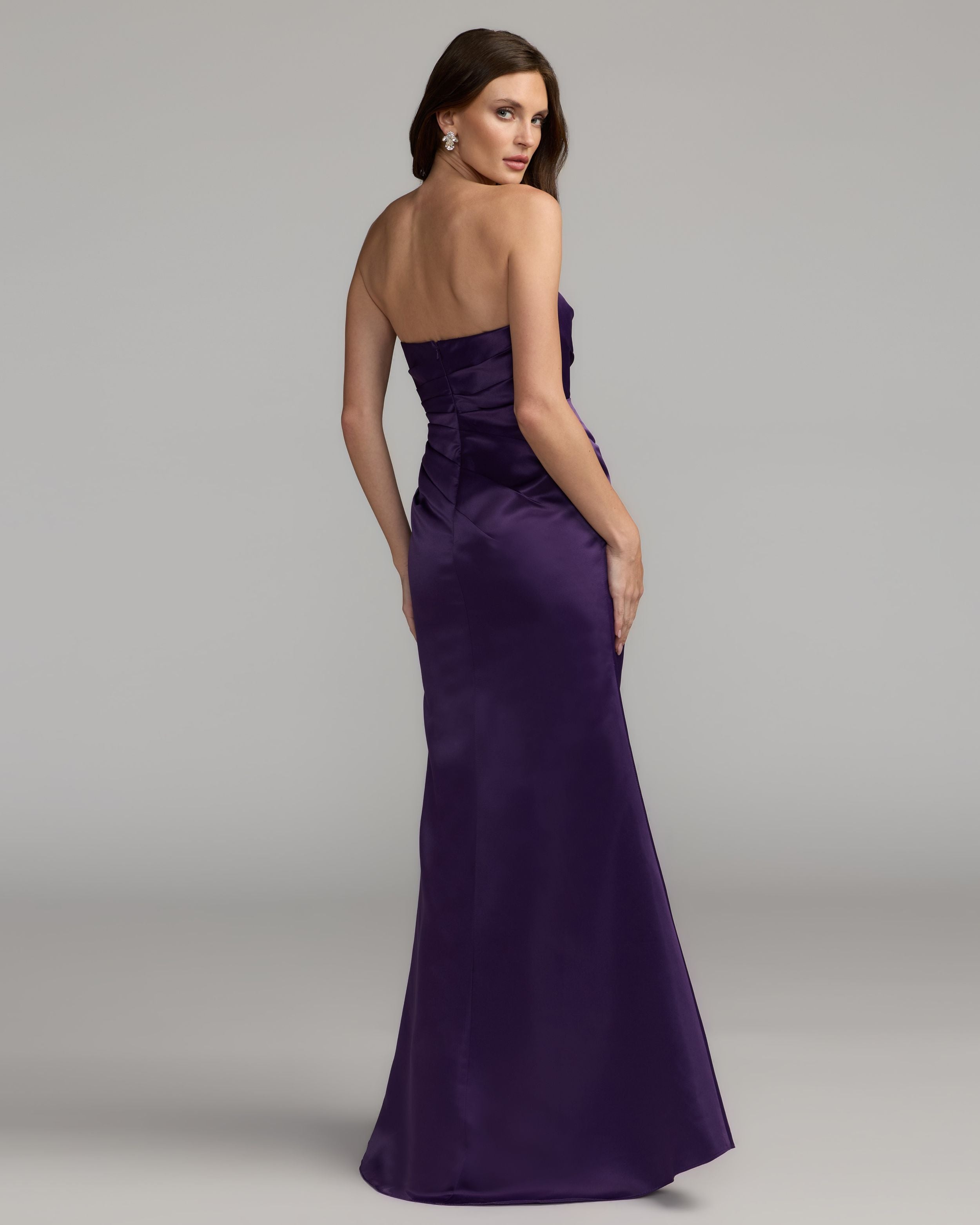Dark Purple Strapless Satin Gown With Slit Ieena for Mac Duggal