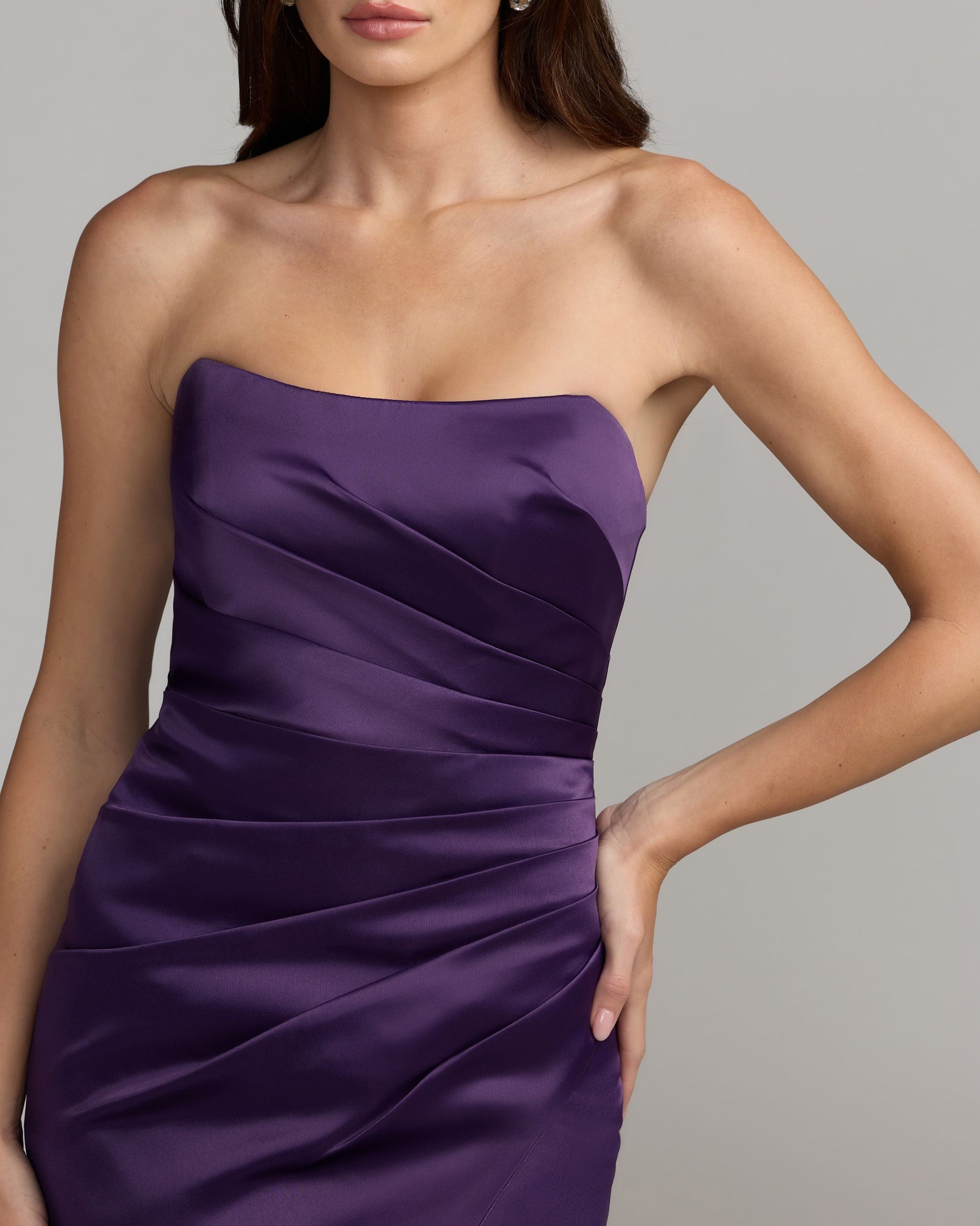 Dark Purple Strapless Satin Gown With Slit Ieena for Mac Duggal