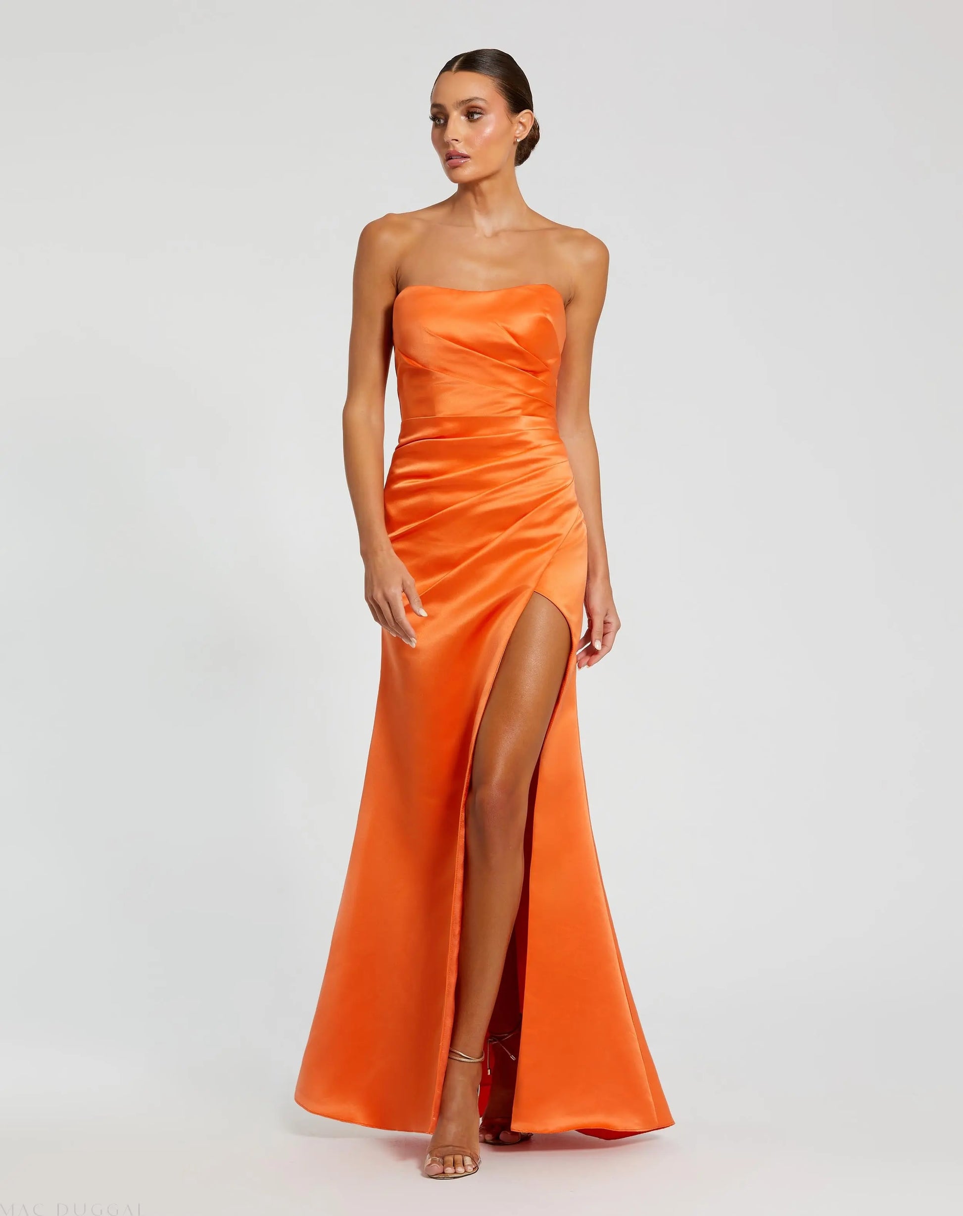 Orange Strapless Satin Gown With Slit | Mac Duggal Orange Strapless Satin Gown With Slit | Mac Duggal