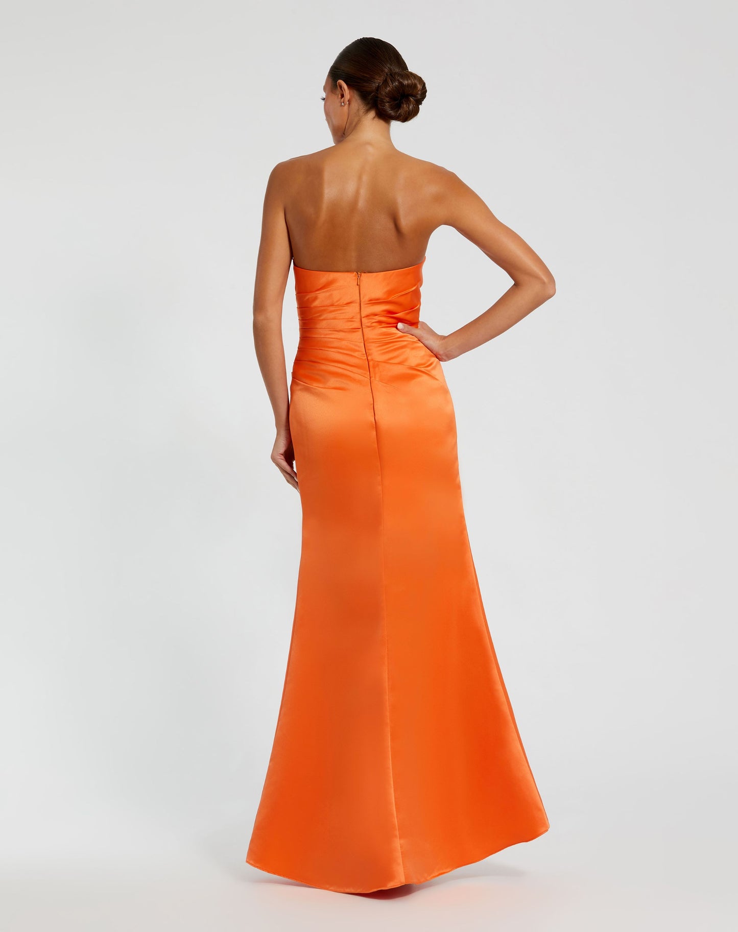 Orange Strapless Gathered High Slit Gown