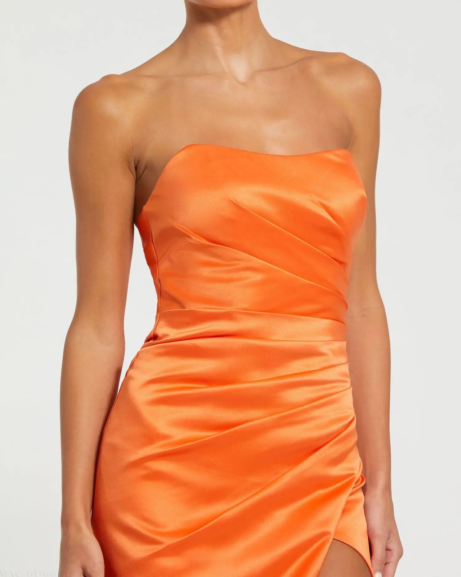 Orange Strapless Gathered High Slit Gown - Mac Duggal
