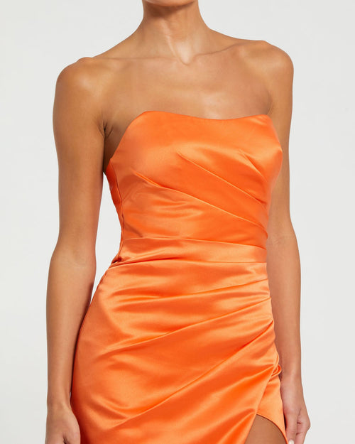 Orange Strapless Gathered High Slit Gown