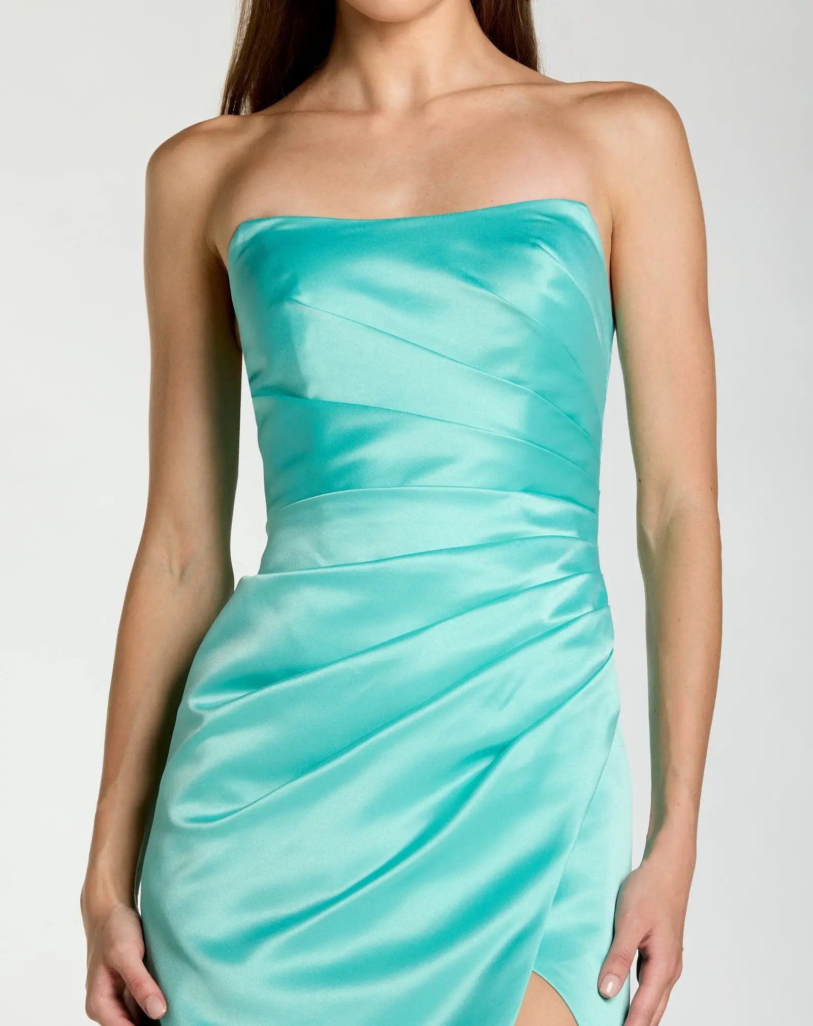 Blue Strapless Satin Gown With Slit | Mac Duggal Blue Strapless Satin Gown With Slit | Mac Duggal
