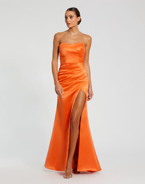 Orange Strapless Gathered High Slit Gown